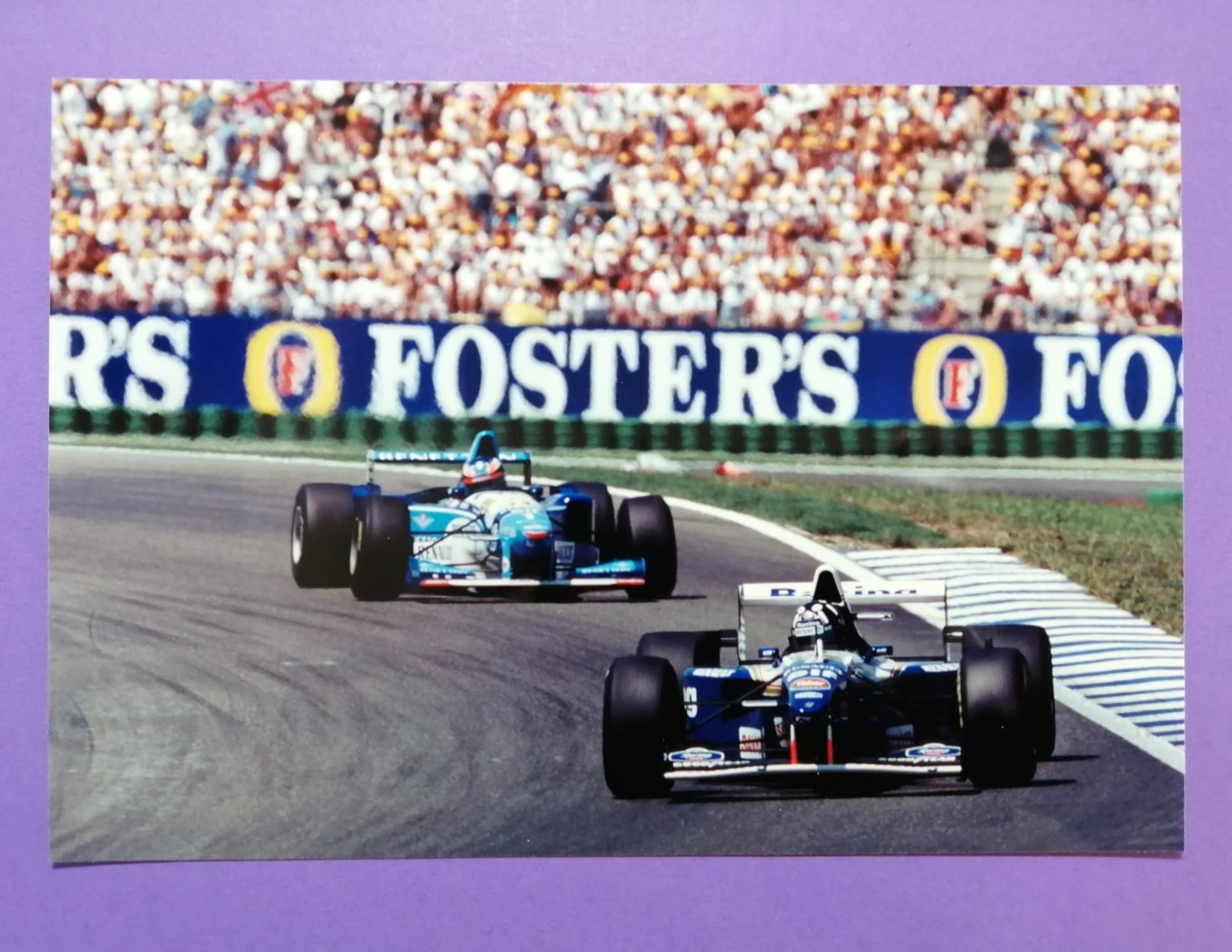 altes Pressefoto, Damon Hill, Williams, Michael Schumacher, Benetton Renault, Formel 1 Grand Prix Deutschland Hockenheimring 1995, 15x22cm