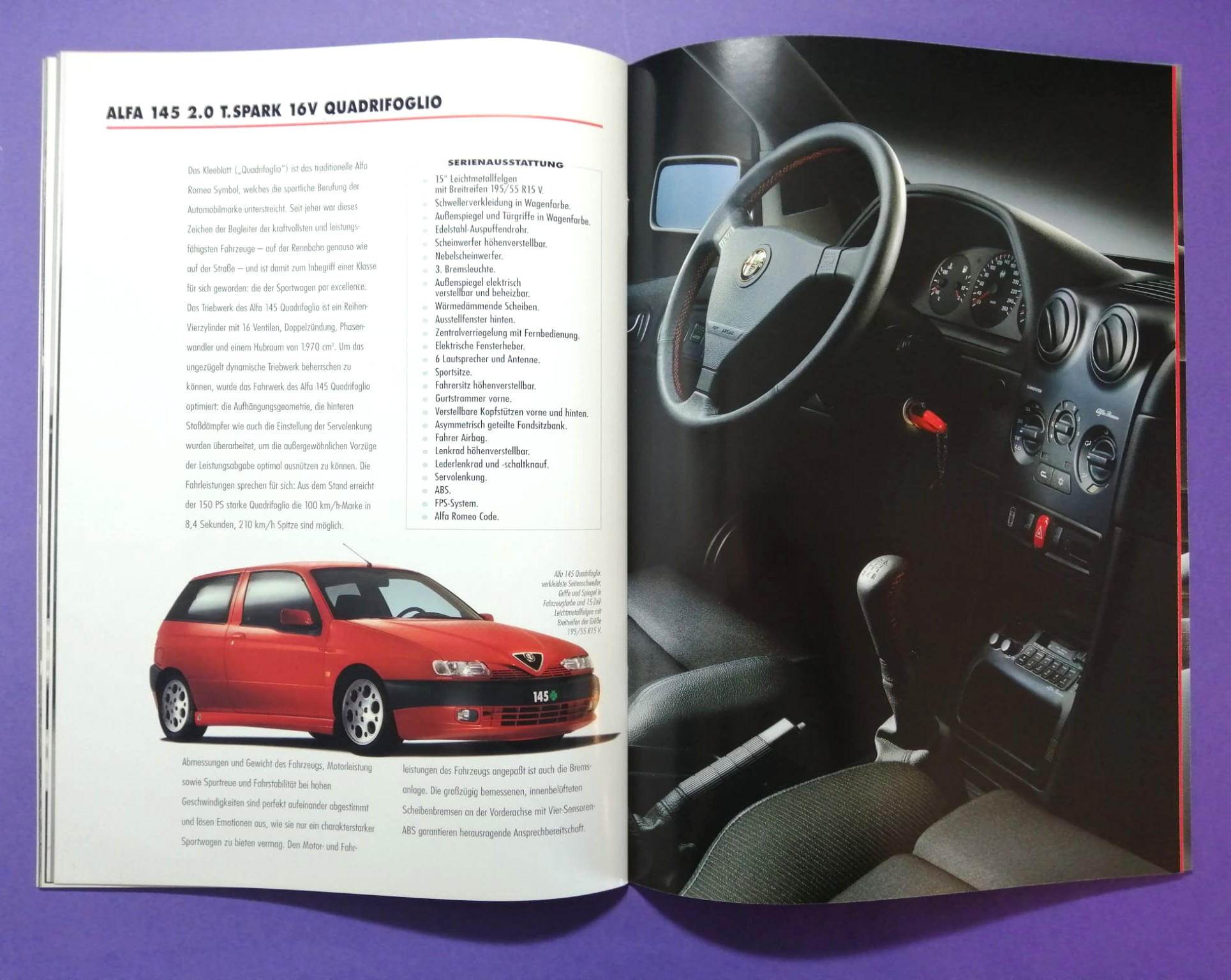 altes Original Autoprospekt, Alfa-Romeo 145, TI, Quadrifoglio,... aus dem Jahr 1997, 2 teilig