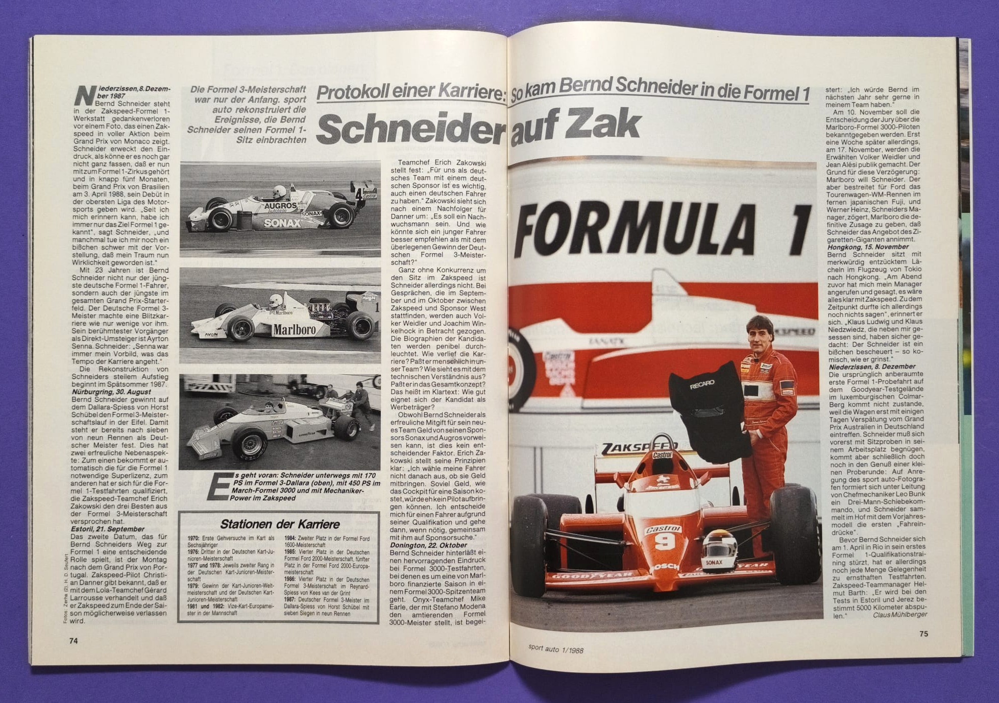 alte Zeitschrift Magazin Heft Sport Auto, 1/1988, Zakspeed Formel 1 Grand Prix, Formel 3 Macau, Testbericht Lancia Delta,..