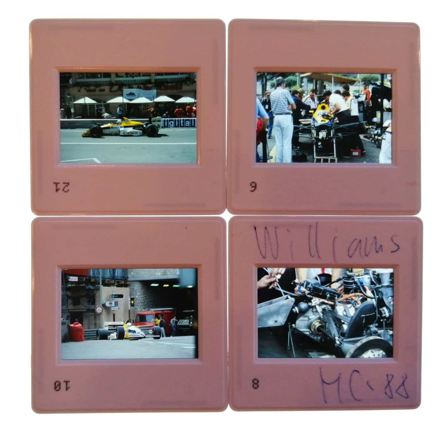 4 Stück alte Presse Foto DIAs, Riccardo Patrese, Williams Judd, Formel 1 Grand Prix Monaco 1988, 5x5cm