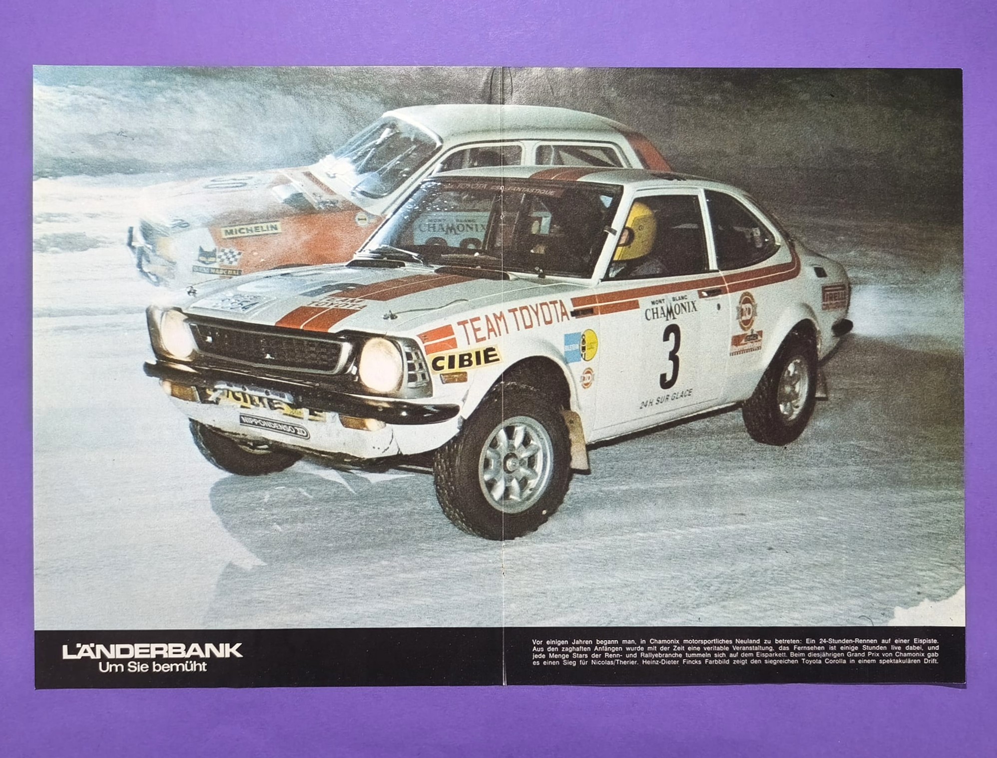altes Poster, Toyota Corolla, 24h Eisrennen Grand Prix von Chamonix 1976, Fahrer: Nicolas, Therier, 28x42cm