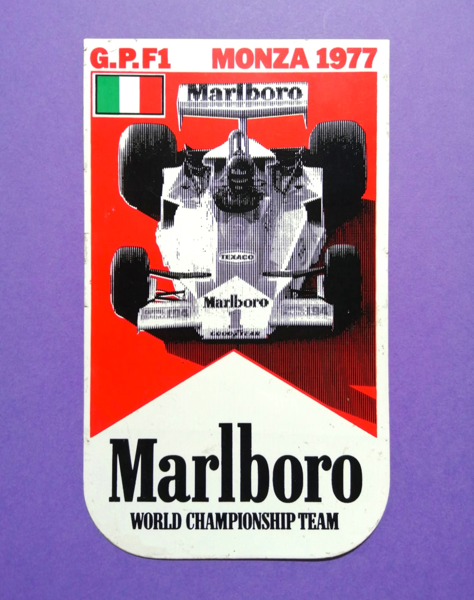 alter Original Aufkleber, Marlboro, Formel 1 Grand Prix Italien Monza 1977, McLaren, Tabakwerbung, 8x13cm