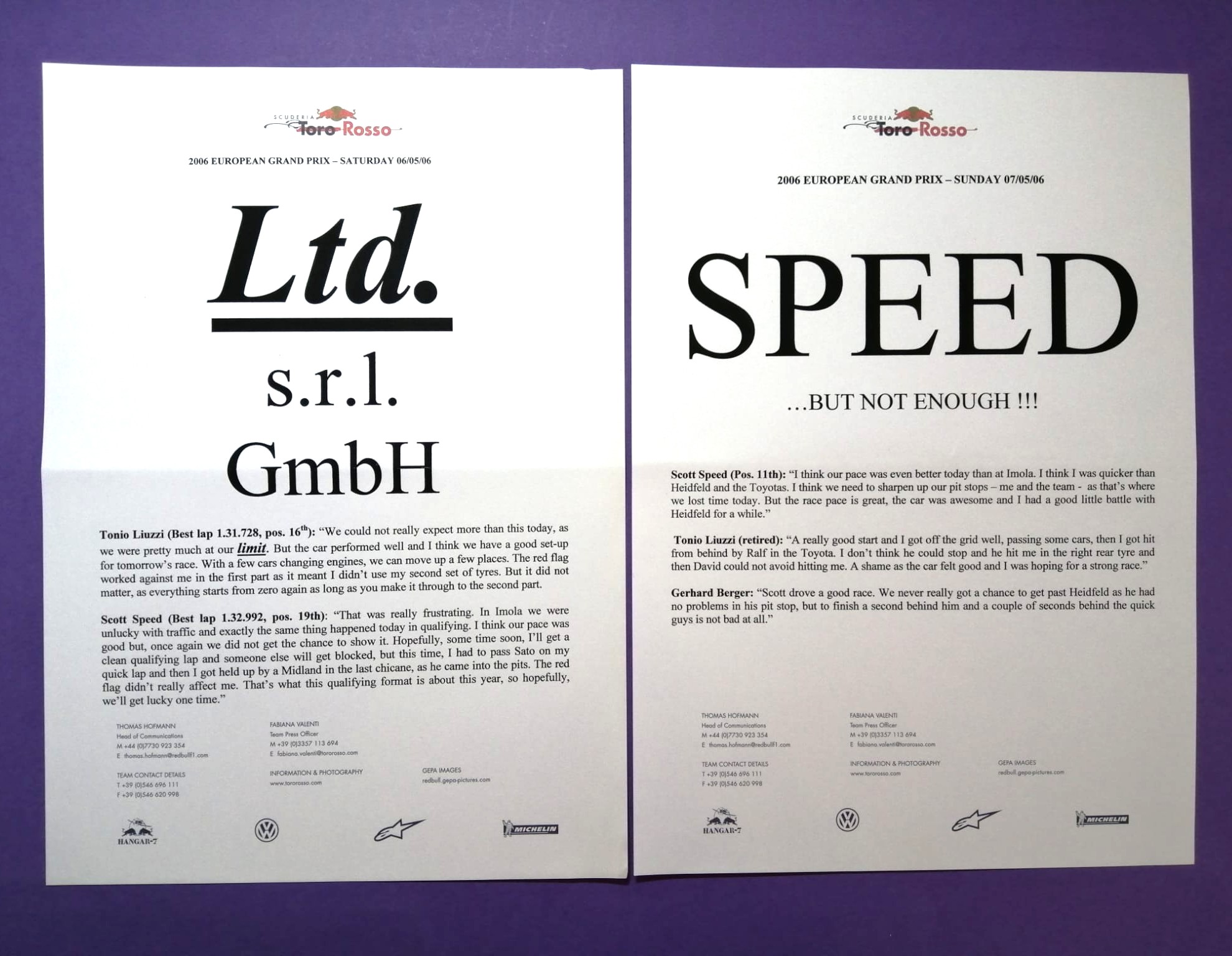 7 Stück alte Presseblätter, Aussendungen, Red Bull Racing, Toro Rosso, Formel 1 Grand Prix 2006, Englisch