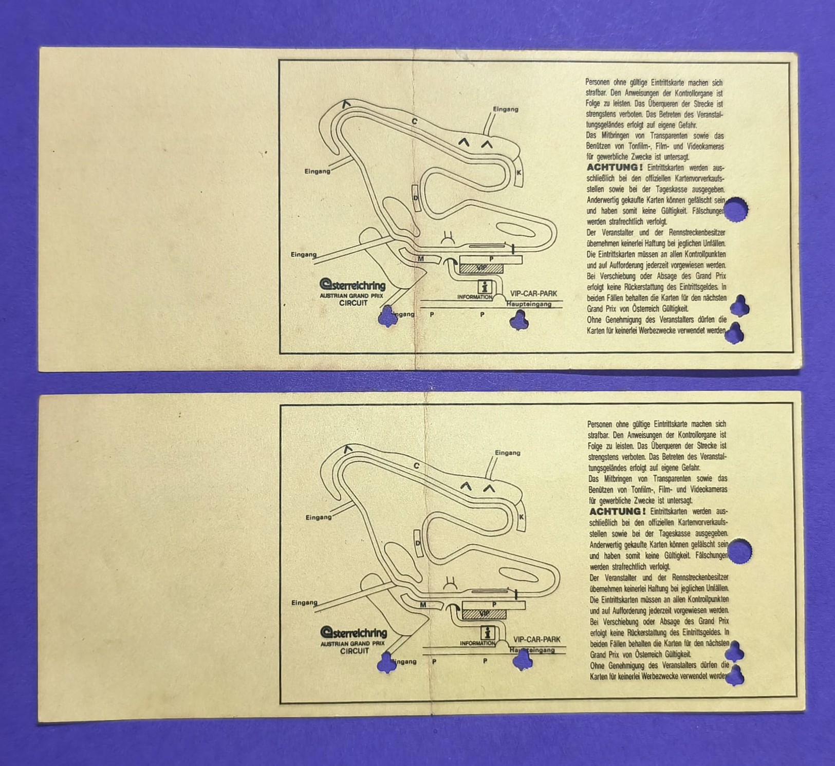 RARITÄT! 2 Stück alte Eintrittskarten Tickets, Formel 1 Grand Prix Österreichring 1986, 1. u. 2. Training, 7x17cm