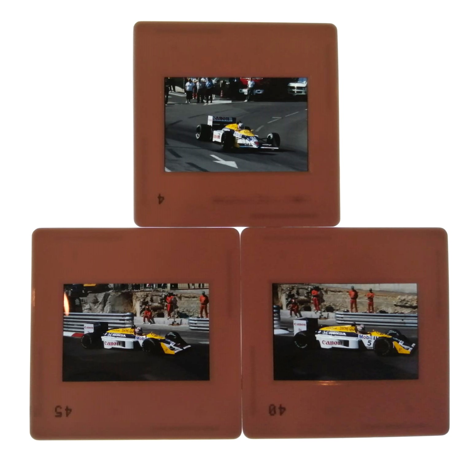 3 Stück alte Presse Foto DIAs, Nigel Mansell, Williams Honda, Formel 1 Grand Prix Monaco 1987, 5x5cm