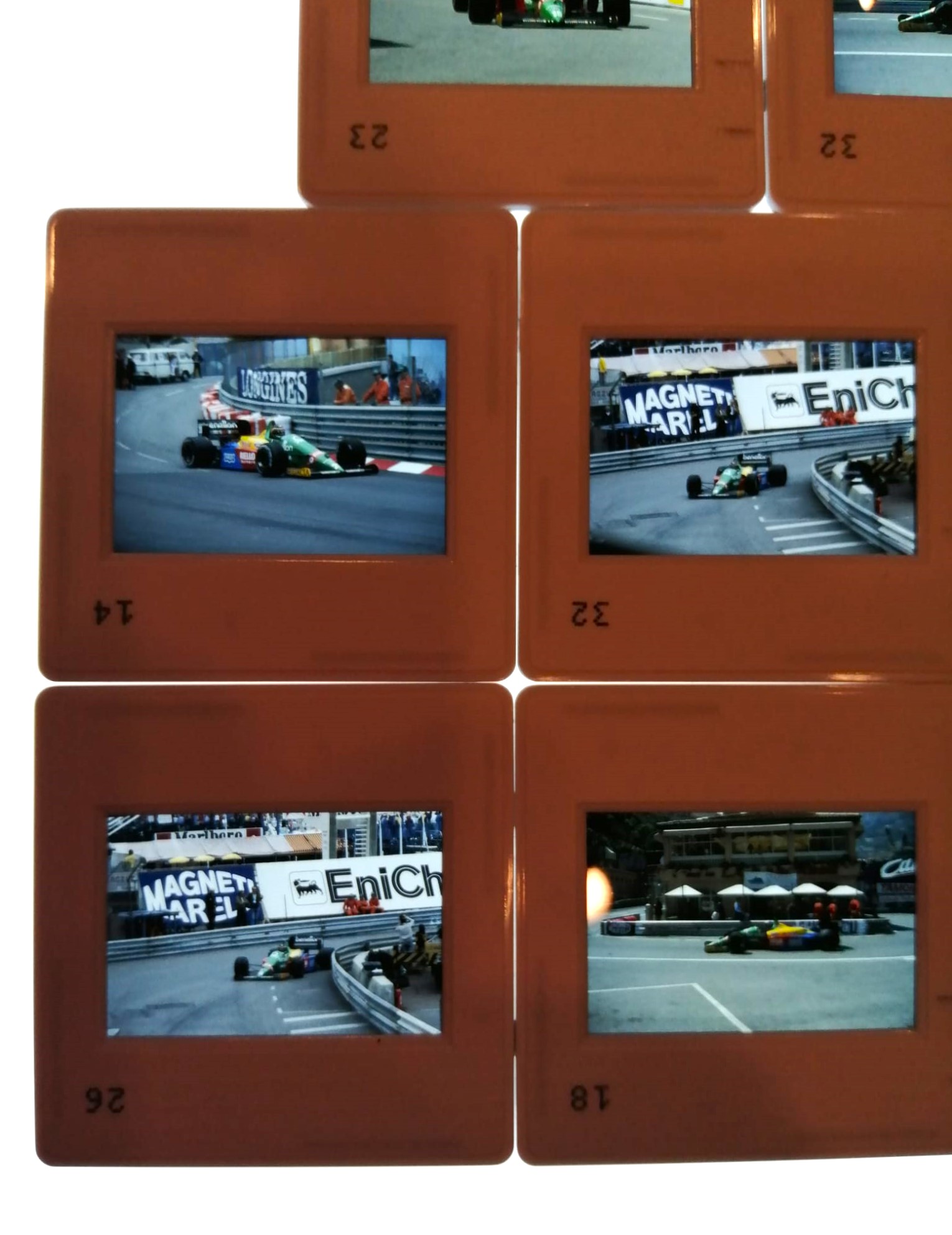8 Stück alte Presse Foto DIAs, Alessandro Nannini, Thierry Boutsen, Benetton Ford, Formel 1 Grand Prix Monaco 1988, 5x5cm