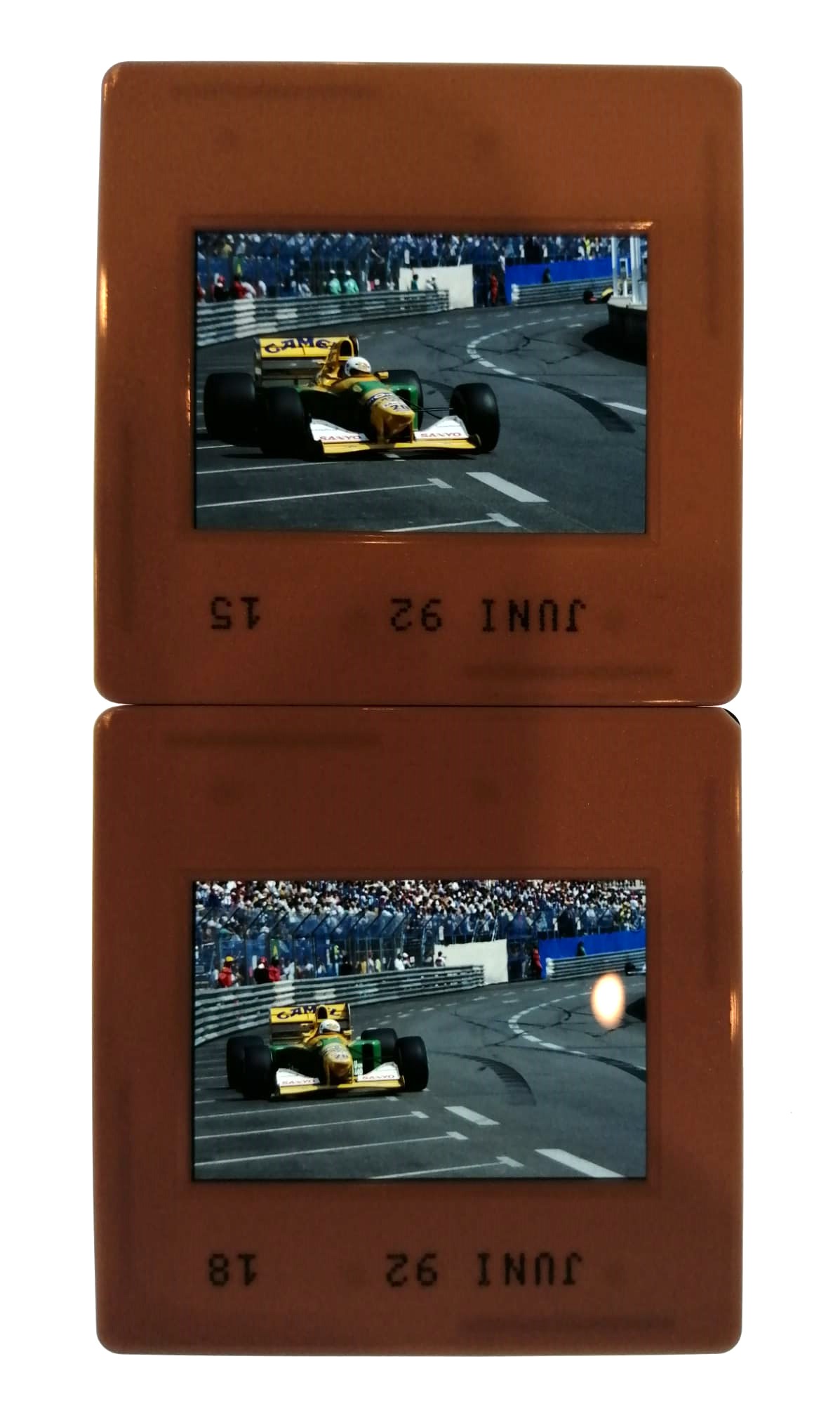 2 Stück alte Presse Foto DIAs, Martin Brundle, Benetton Ford, Formel 1 Grand Prix Monaco 1992, 5x5cm 