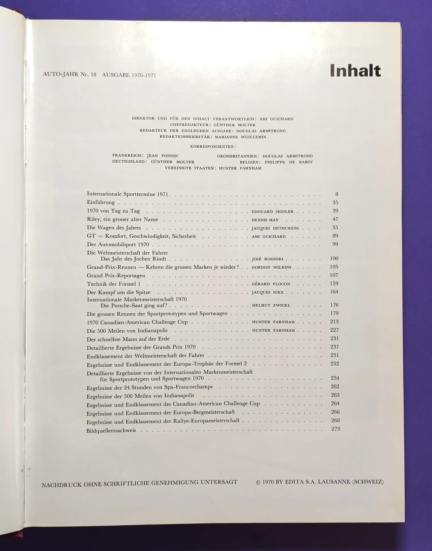 altes Buch, Auto Jahr 1970-1971, Nr. 18, Jochen Rindt Formel 1 Grand Prix Weltmeister, Lotus72, LeMans, CanAm, Indy Car,.. Stewert, Cevert, Ickx, Brabham,.. Ferrari, Porsche 917, Matra,.. Citroen SM, Straßenautos,..
