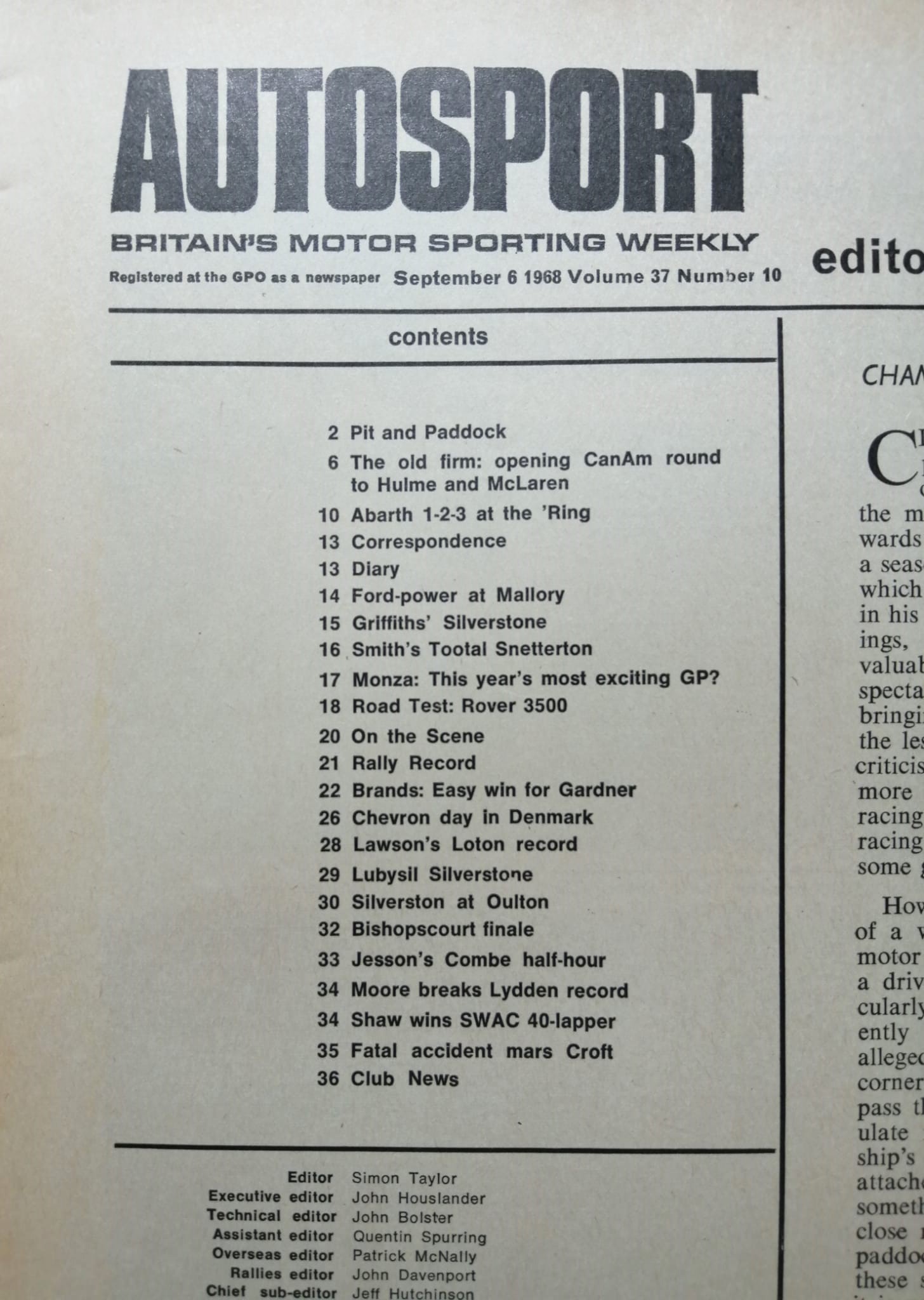 alte Zeitschrift Magazin Heft Autosport, 6. September 1968, Can Am USA,.. Englisch! 