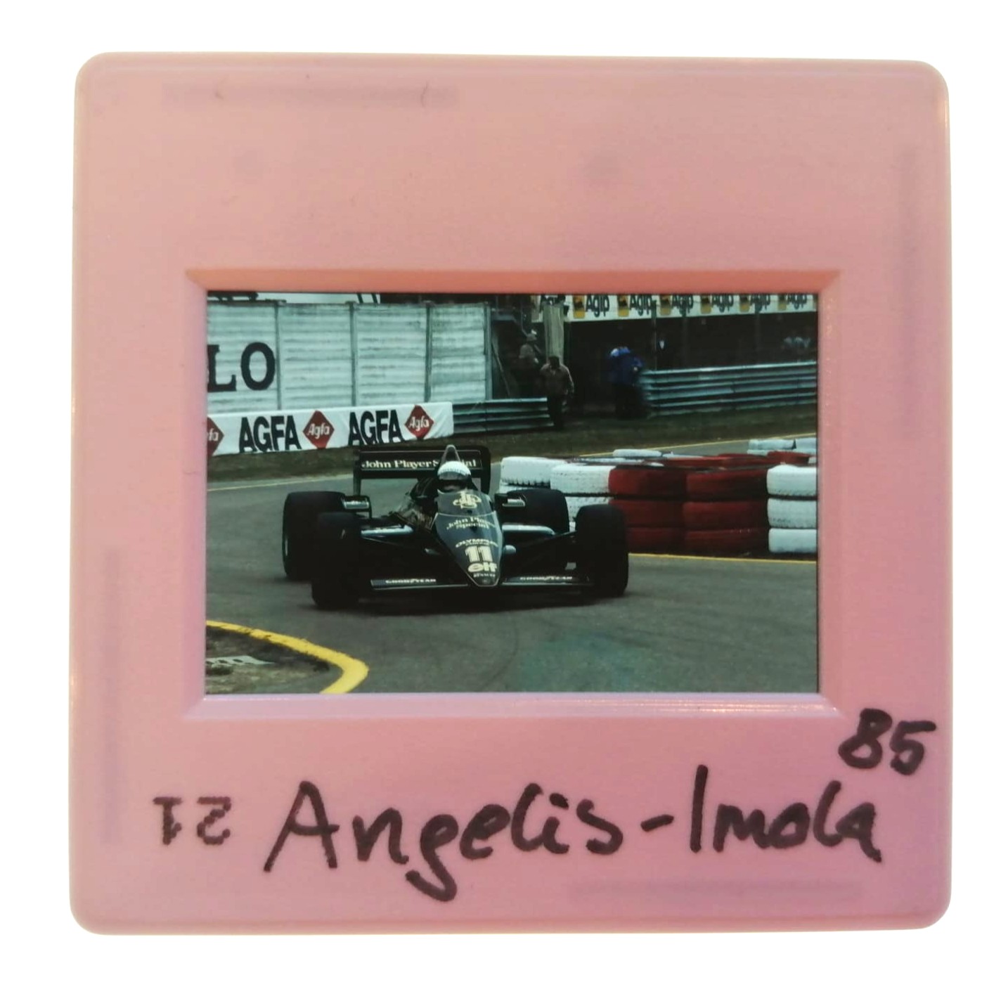altes Presse Foto DIA, Elio de Angelis, John Player Lotus, Formel 1 Grand Prix San Marino Imola 1985, 5x5cm