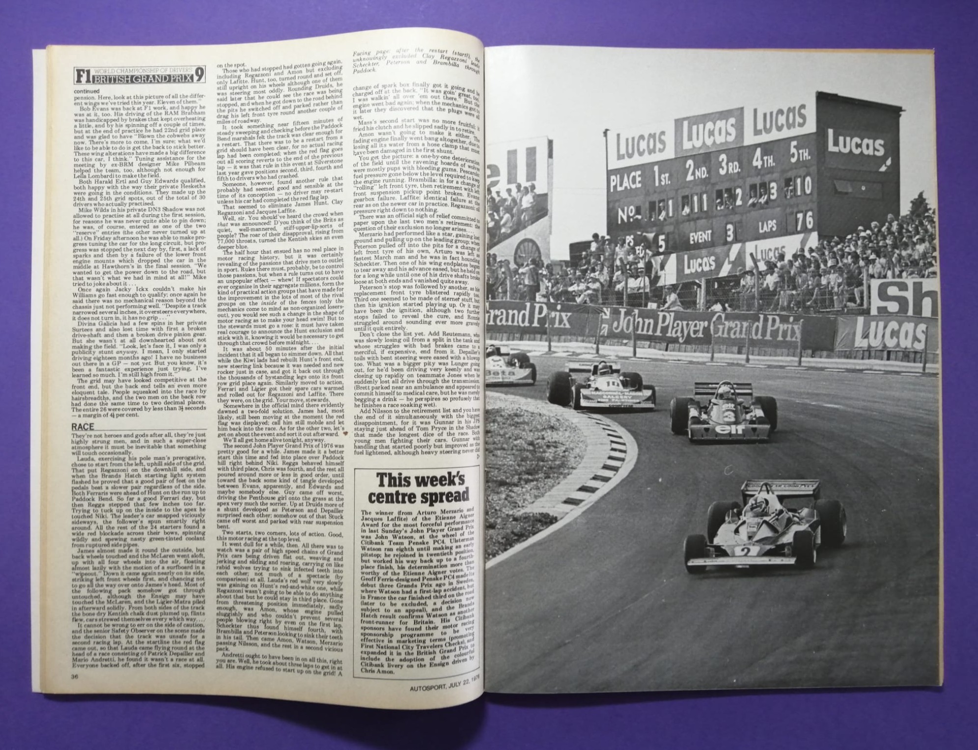 alte Zeitschrift Magazin Heft Autosport, 22. Juli 1976, James Hunt McLaren, Formel 1 Grand Prix Brands Hatch, mit Mittelposter John Watson Penske,.. Englisch!
