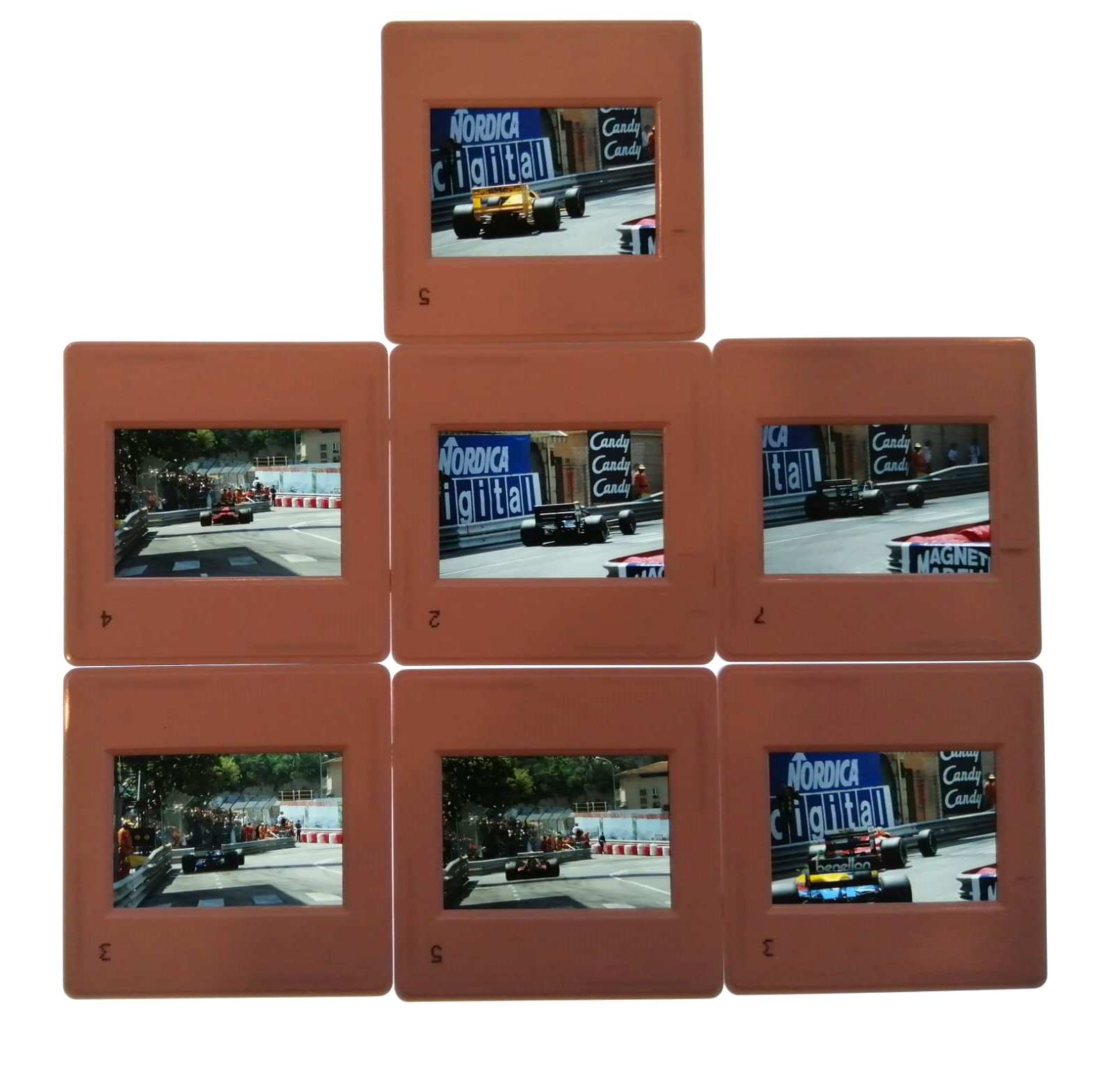 7 Stück alte Presse Foto DIAs, Formel 1 Grand Prix Monaco 1988, 5x5cm 