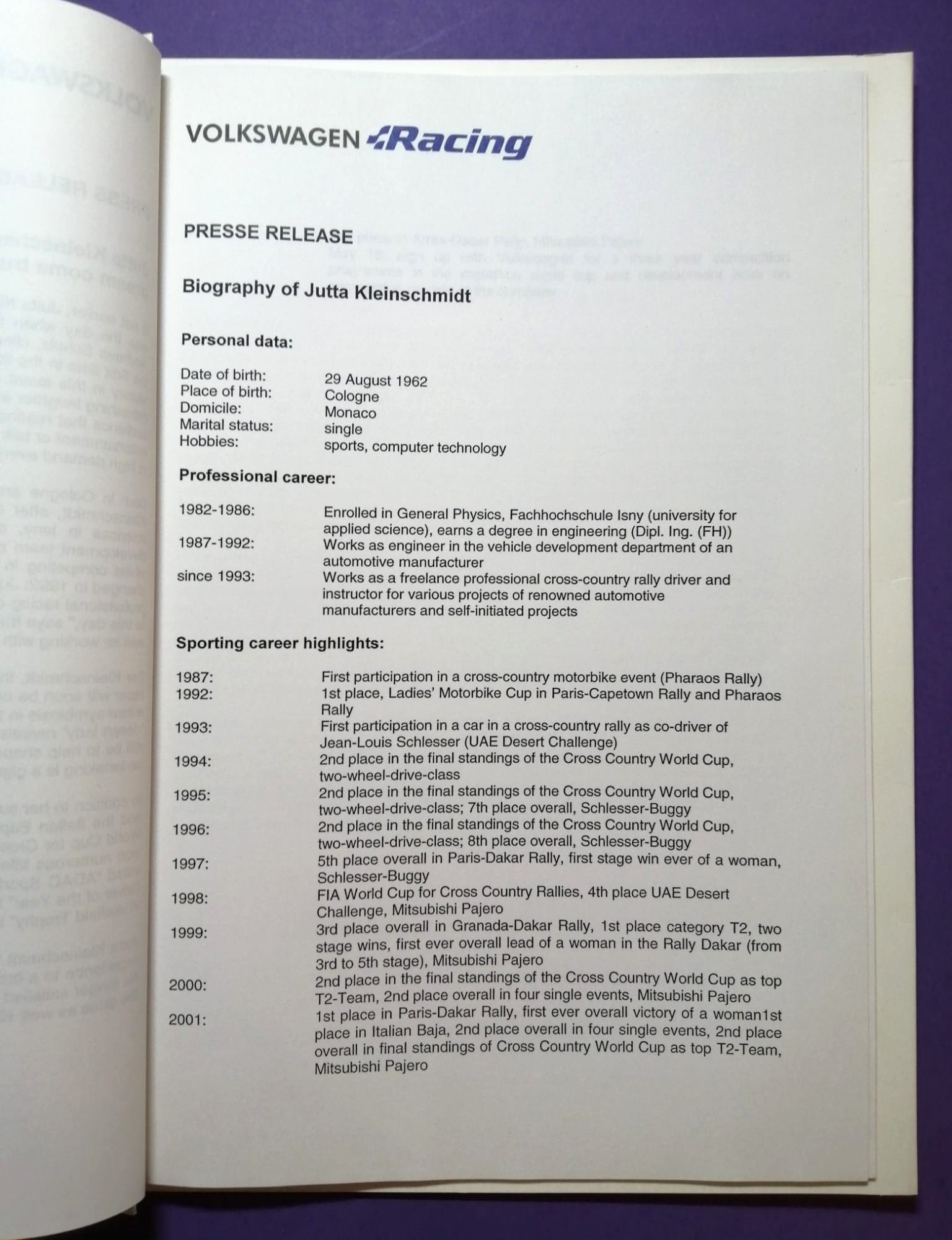 alte Pressemappe, Volkswagen Racing, Polo Super 1600 Rallye 2002, Kleinschmidt, Depping, Pons, Gottschalk Englisch!  