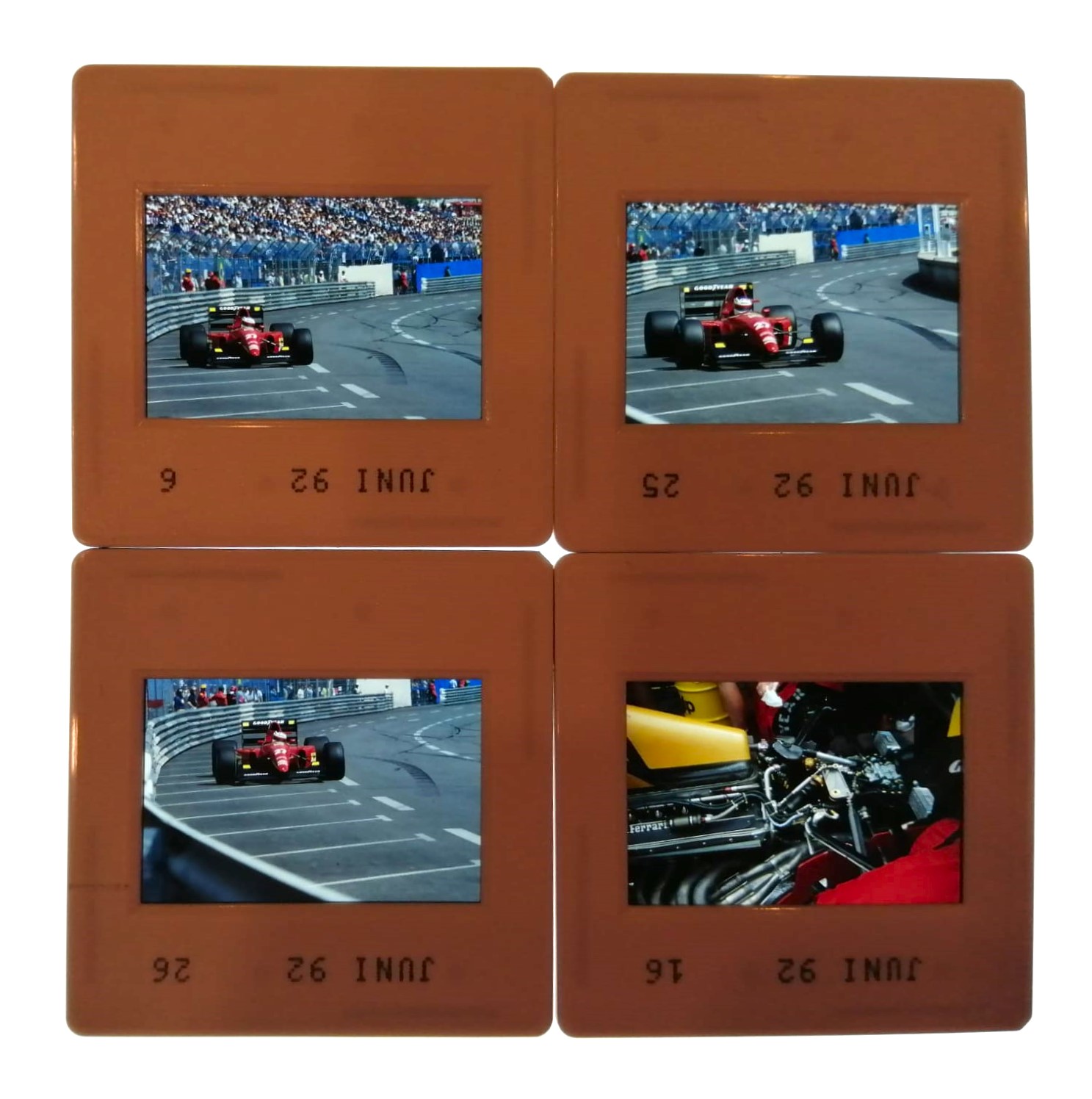 4 Stück alte Presse Foto DIAs, Jean Alesi, Ferrari, Formel 1 Grand Prix Monaco 1992, 5x5cm