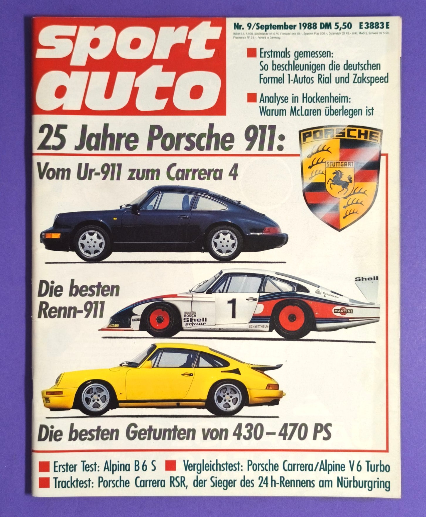 alte Zeitschrift Magazin Heft Sport Auto, 9/1988, West Zakspeed Formel 1 Grand Prix, Test BMW Alpina B6 3.5S E30, Martini Porsche 911, 935/78 Moby Dick, Würth Supercup, Ayrton Senna,..