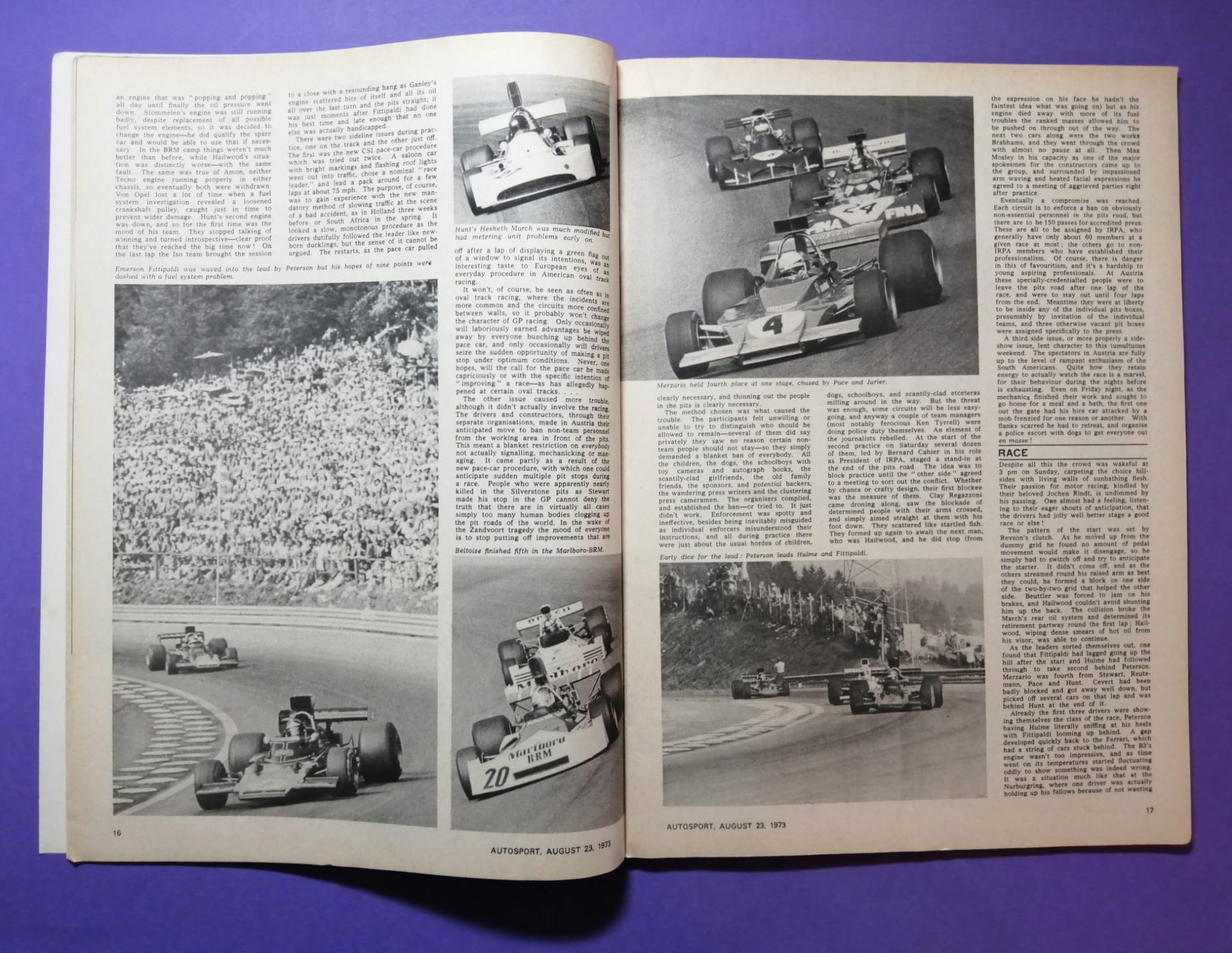 alte Zeitschrift Magazin Heft Autosport, 23. August 1973, Arturo Merzario Ferrari, Ronnie Peterson John Player Lotus, Formel 1 Österreichring Zeltweg,.. Englisch!