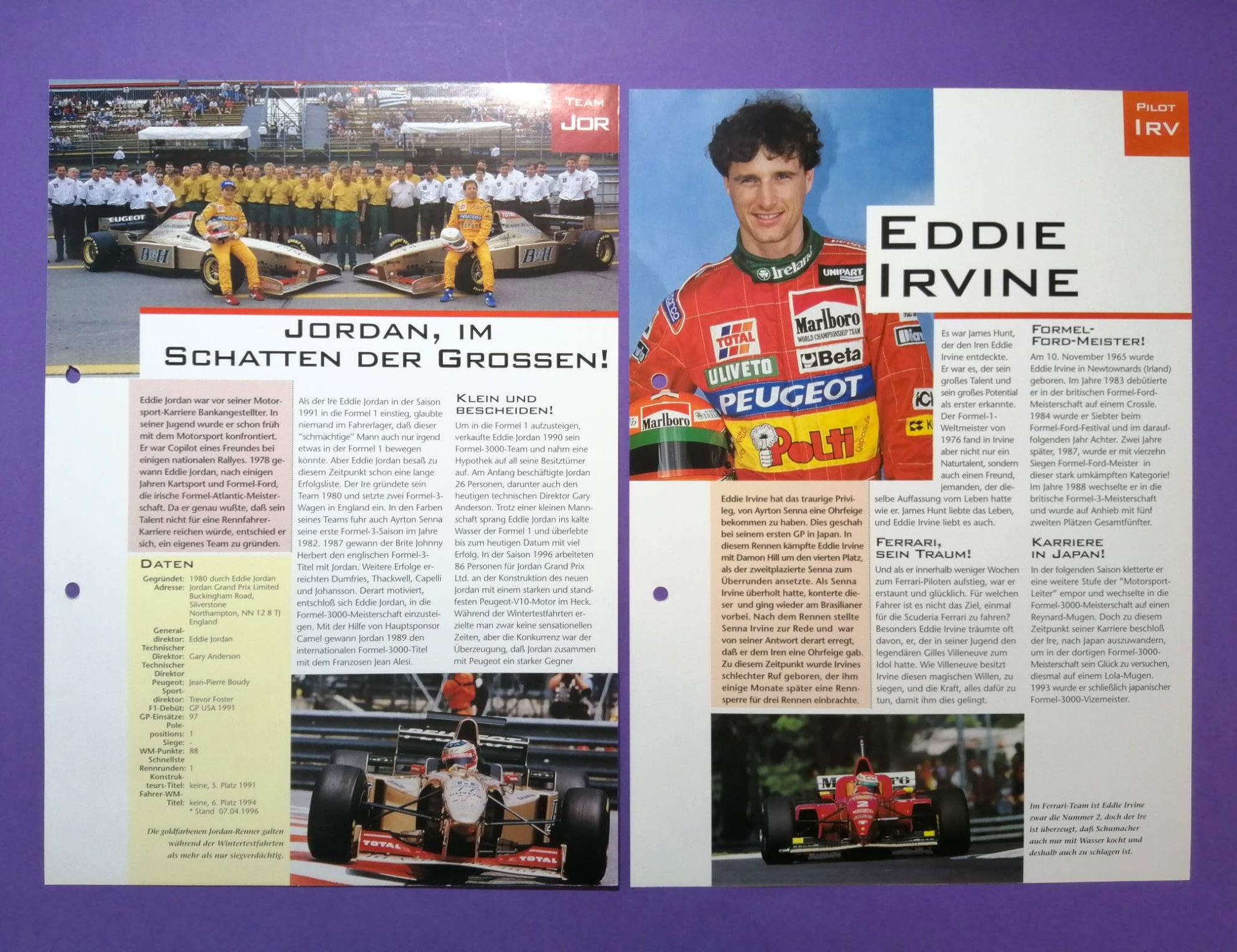 7 Stück alte Folder, Jordan, Formel 1 Grand Prix Team 1995-1997, M. Brundle, R. Barrichello, E. Irvine, R. Schumacher