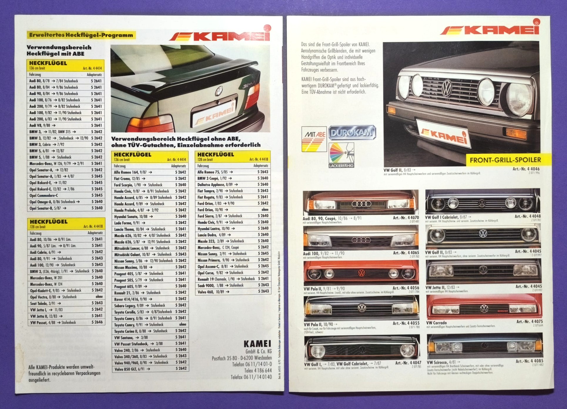 2 Stück alte KAMEI Prospekte, Auto Zubehör, Audi, VW Golf 3,.. 1992, 6 Seiten