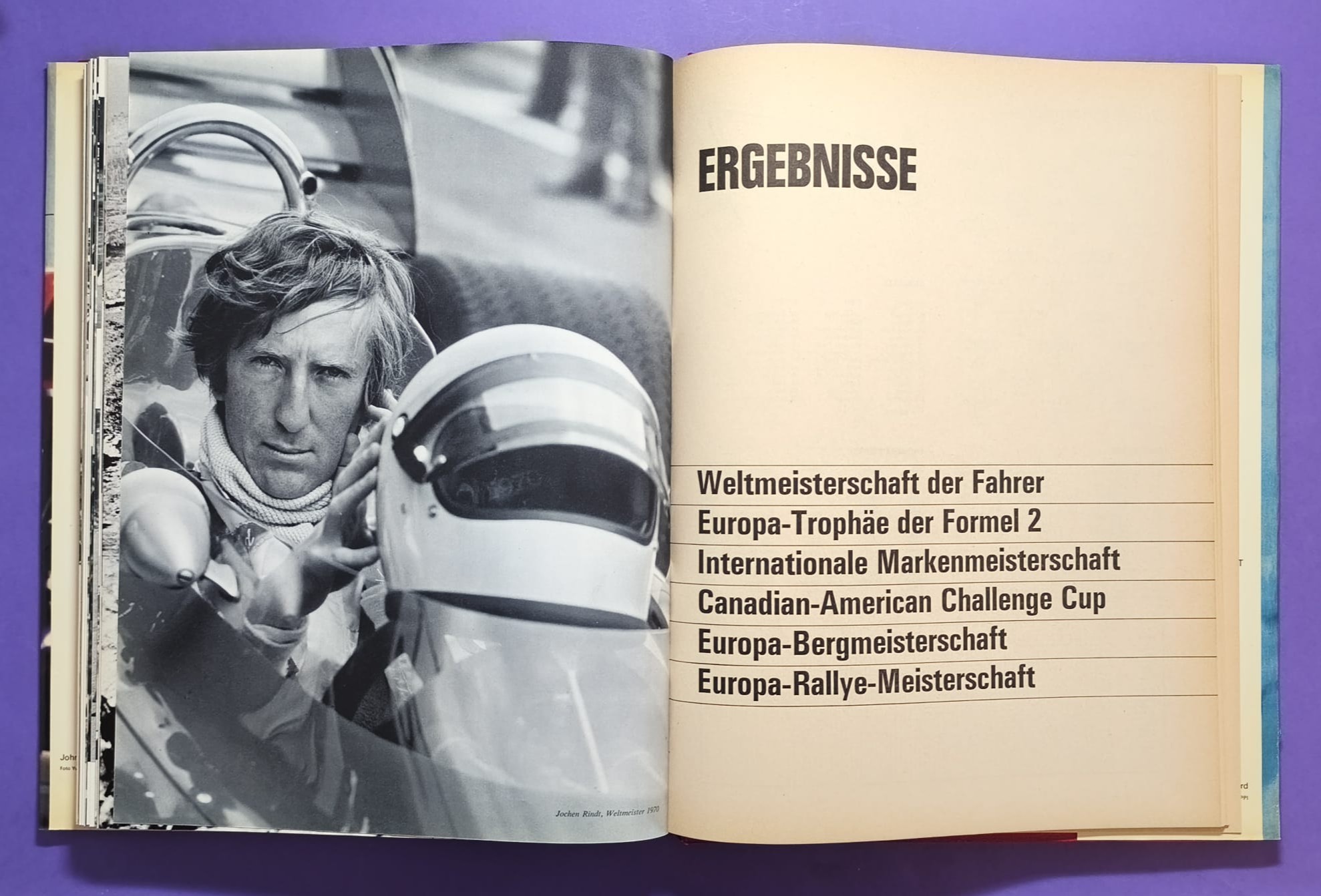 altes Buch, Auto Jahr 1970-1971, Nr. 18, Jochen Rindt Formel 1 Grand Prix Weltmeister, Lotus72, LeMans, CanAm, Indy Car,.. Stewert, Cevert, Ickx, Brabham,.. Ferrari, Porsche 917, Matra,.. Citroen SM, Straßenautos,..