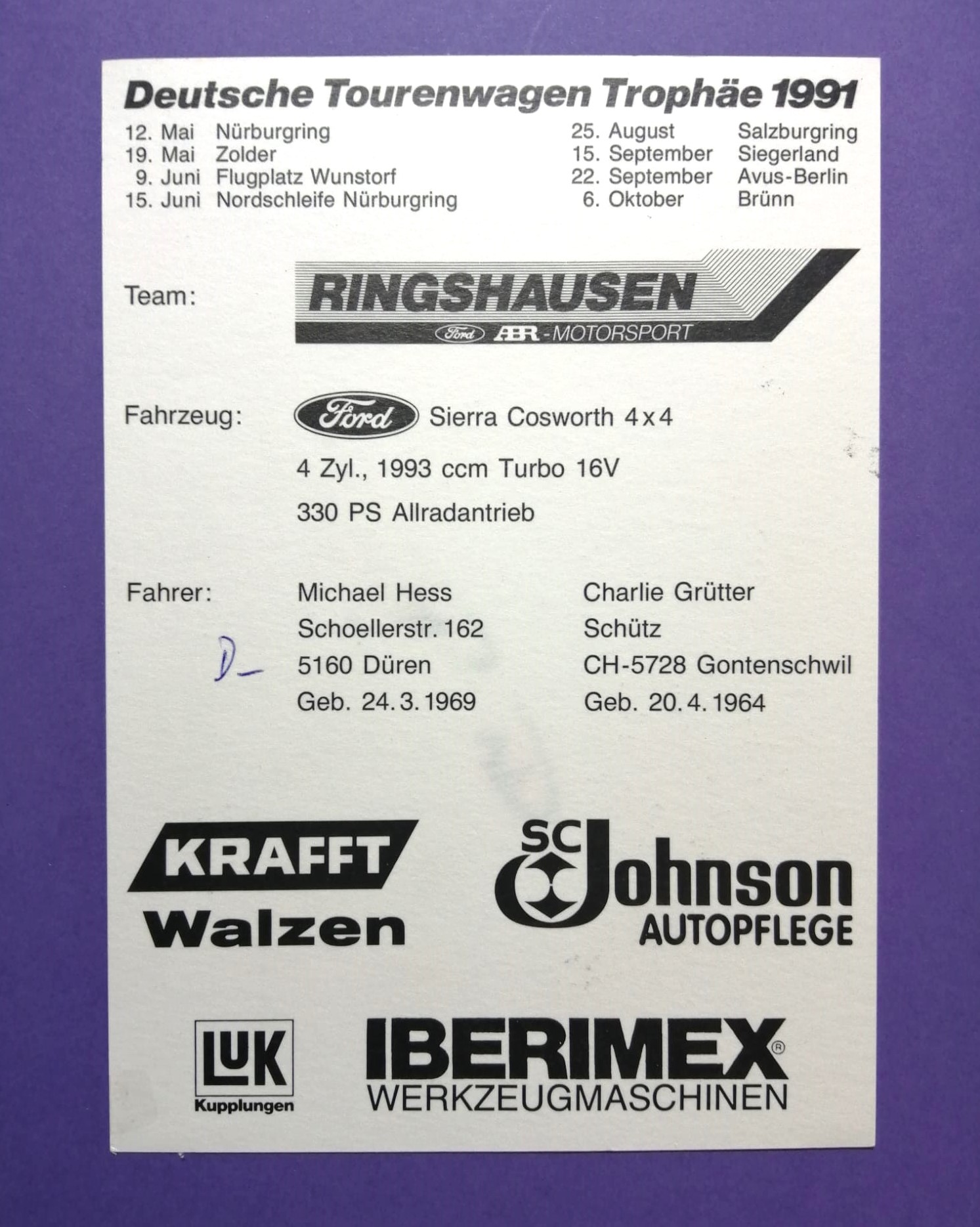 Original Autogramm, Charlie Grütter, Ford Sierra Cosworth 4x4 Turbo 16V, Deutsche Tourenwagen Trophäe 1991, alte Karte 10x15cm