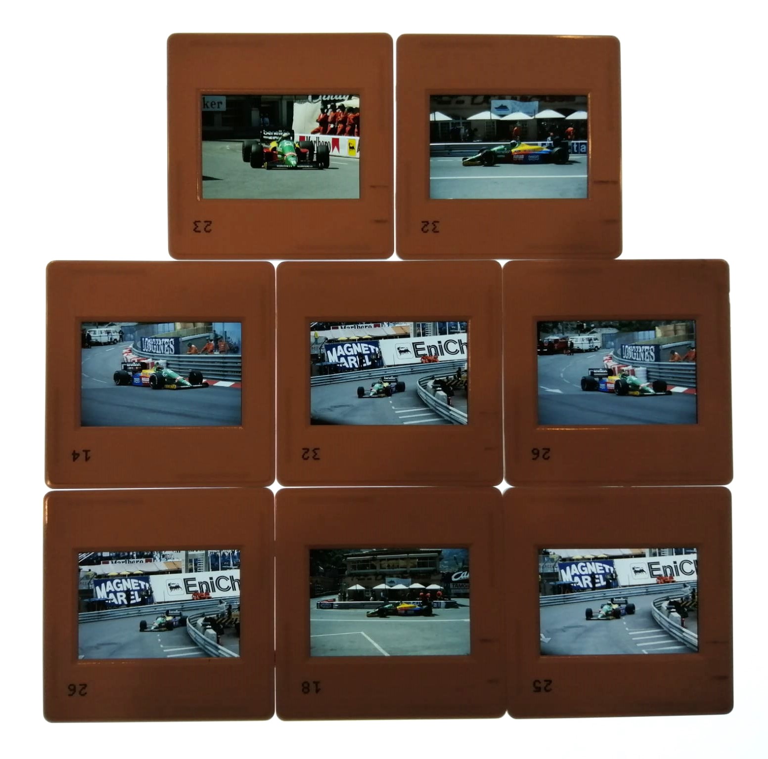 8 Stück alte Presse Foto DIAs, Alessandro Nannini, Thierry Boutsen, Benetton Ford, Formel 1 Grand Prix Monaco 1988, 5x5cm