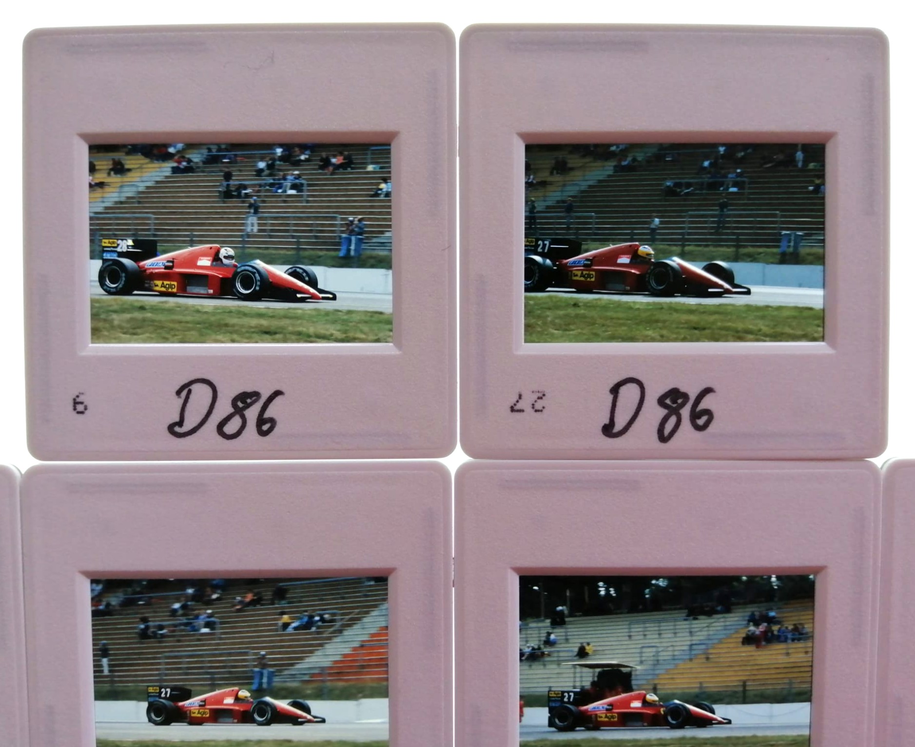 14 Stück alte Presse Foto DIAs, Michele Alboreto, Stefan Johansson, Ferrari, Formel 1 Grand Prix Deutschland Hockenheimring 1986, 5x5cm