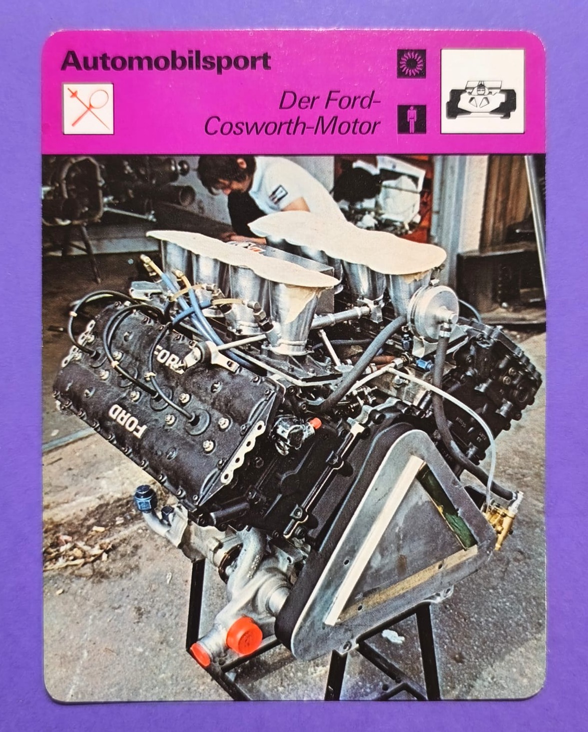 alte Sammelkarte, Ford Cosworth V8 Motor, Formel 1 Grand Prix 70er Jahre, 12x16cm