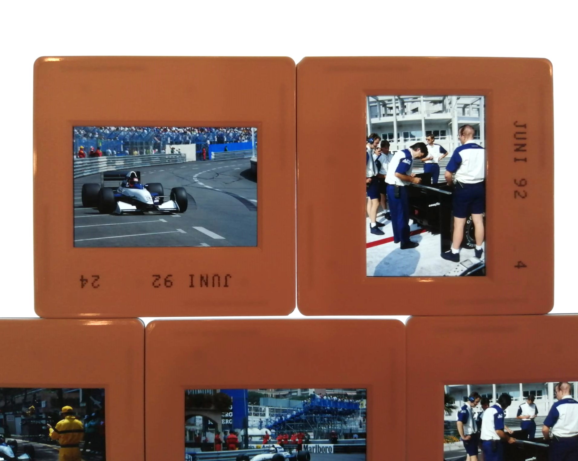 8 Stück alte Presse Foto DIAs, Andrea de Cesaris, Olivier Grouillard, Tyrrell Illmor, Formel 1 Grand Prix Monaco 1992, 5x5cm