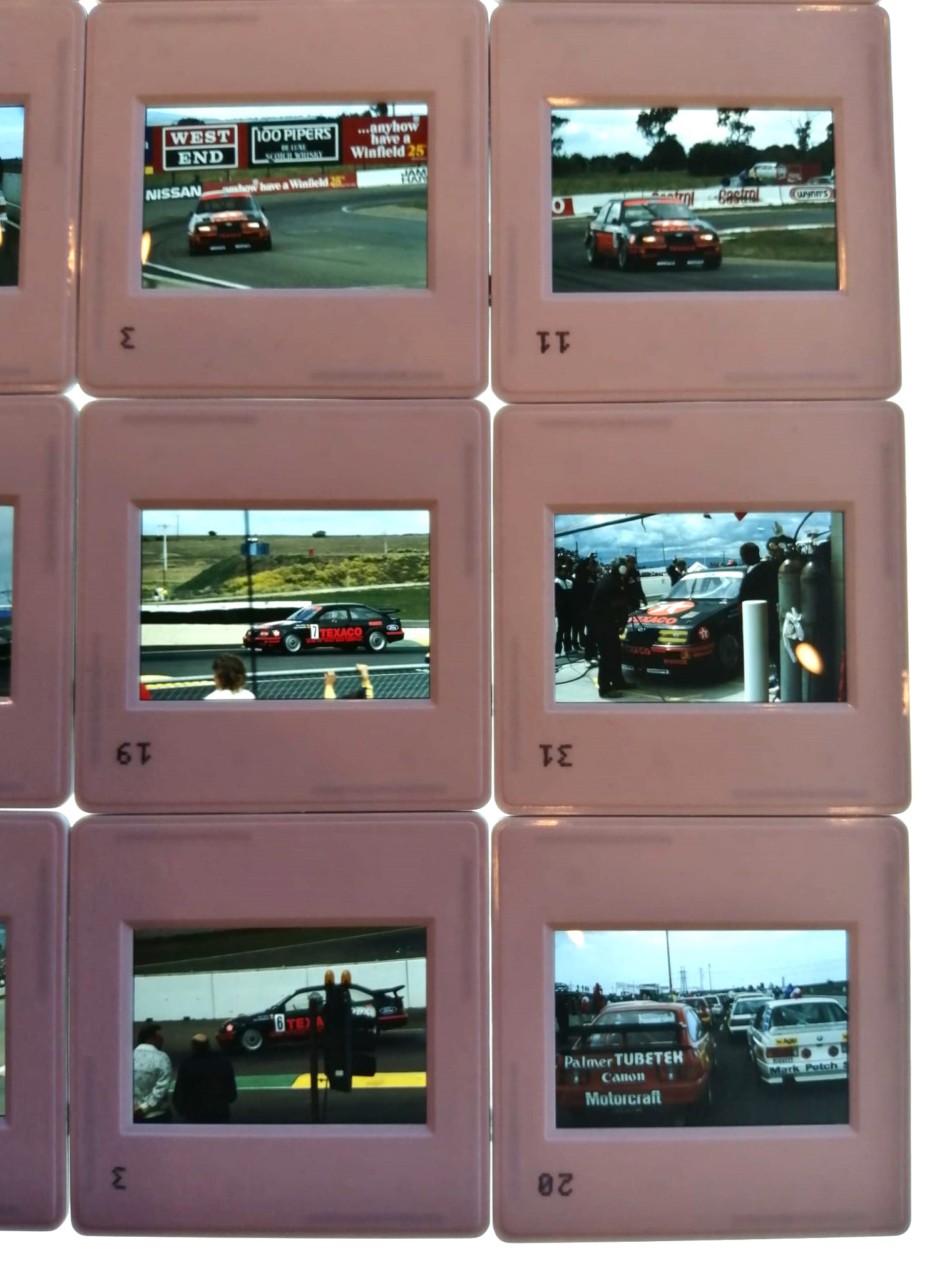 RARITÄT! 16 Stück alte Presse Foto DIAs, Texaco Eggenberger Ford Sierra RS 500 Cosworth, Tourenwagen WM Australien Calder 1987, 5x5cm