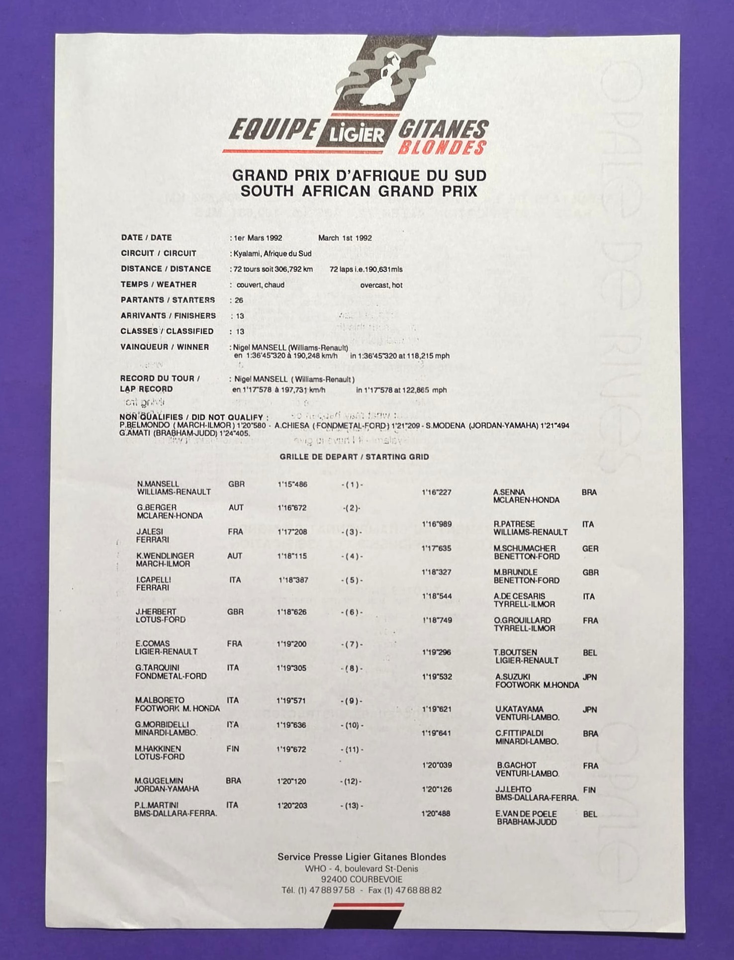 14 Seiten alte Presseblätter, Gitanes Ligier, 1981, 1983, 1992, Jaques Laffite,.. Formel 1 Grand Prix