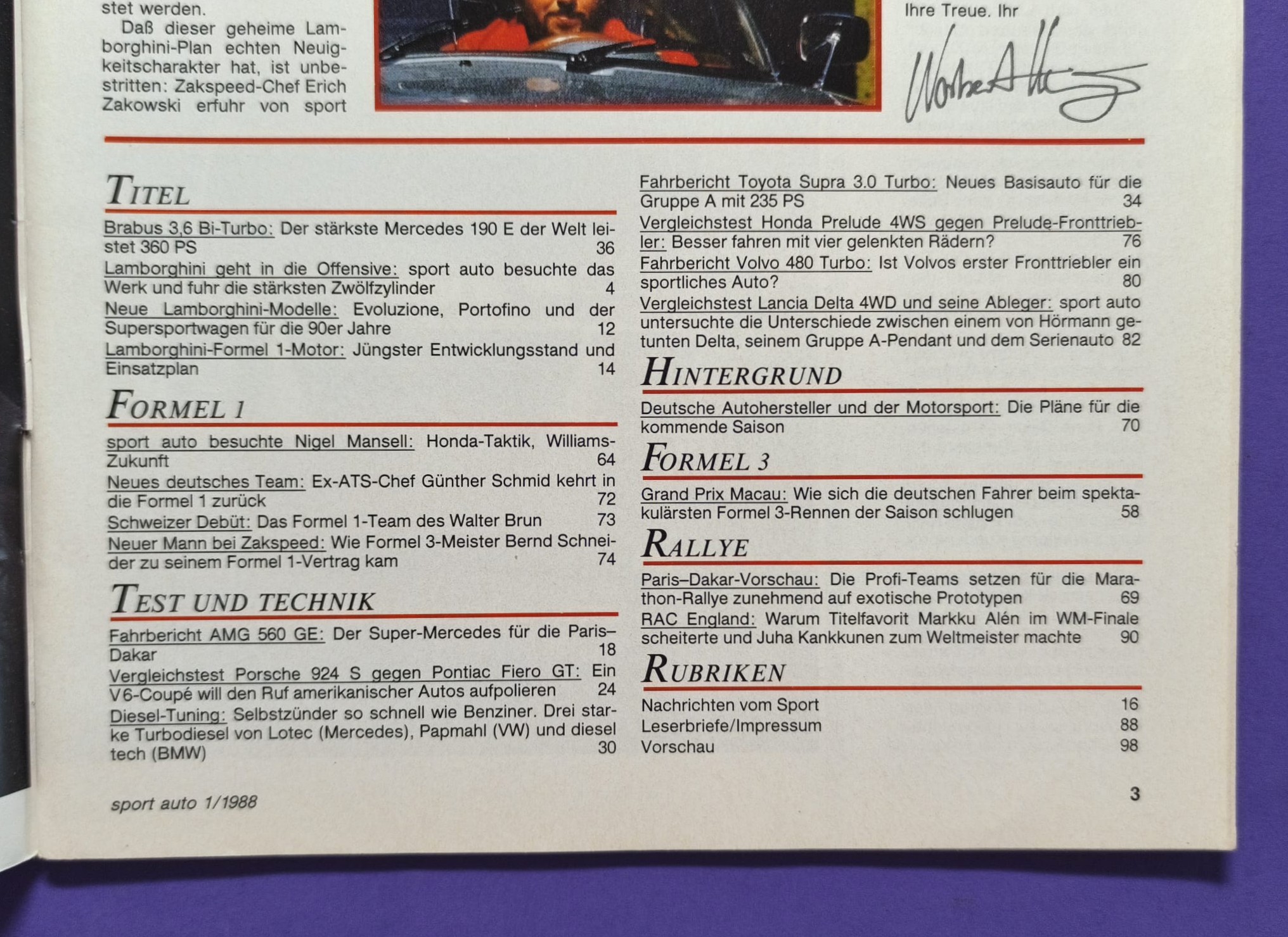 alte Zeitschrift Magazin Heft Sport Auto, 1/1988, Zakspeed Formel 1 Grand Prix, Formel 3 Macau, Testbericht Lancia Delta,..