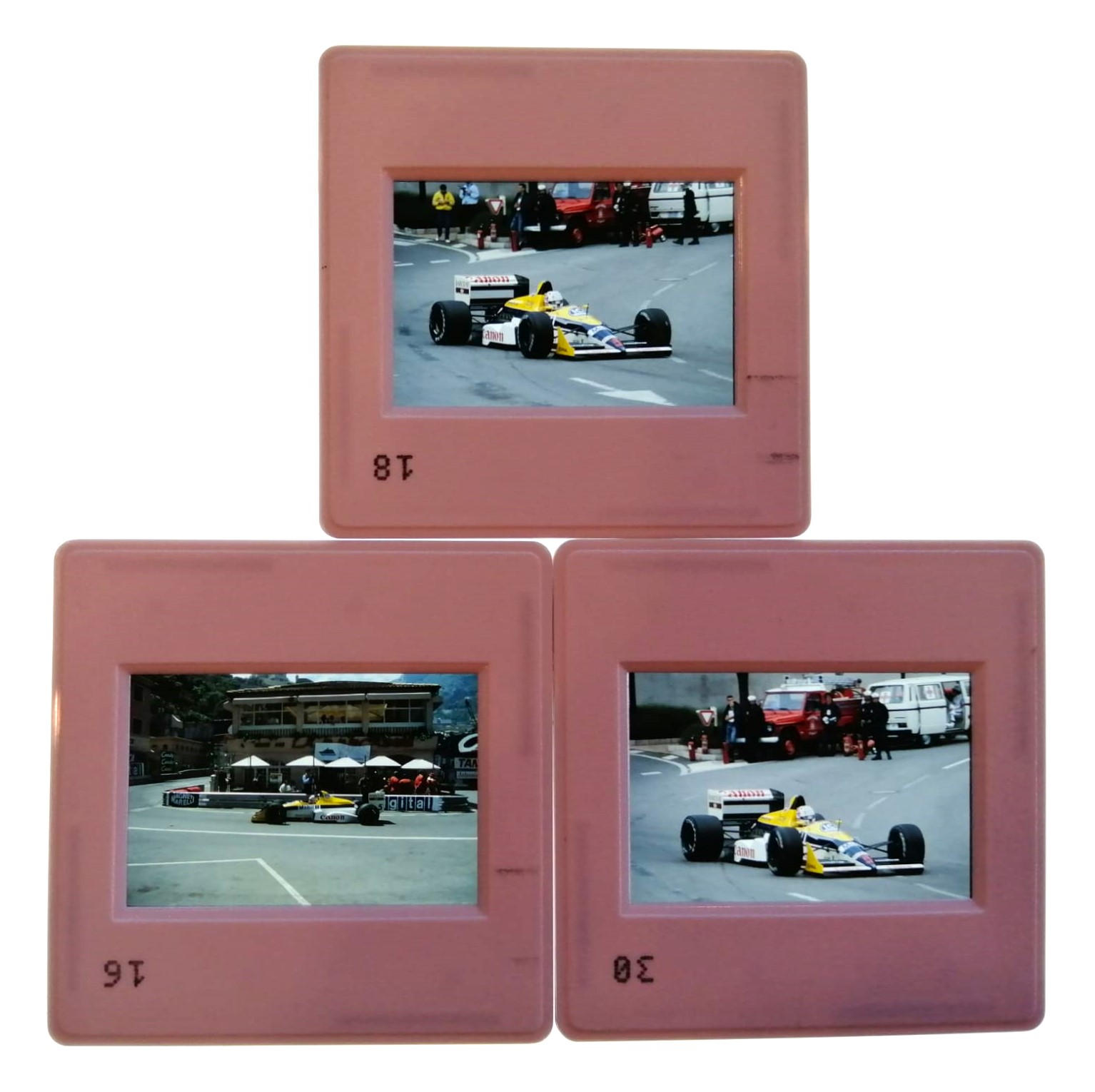 3 Stück alte Presse Foto DIAs, Nigel Mansell, Williams Judd, Formel 1 Grand Prix Monaco 1988, 5x5cm