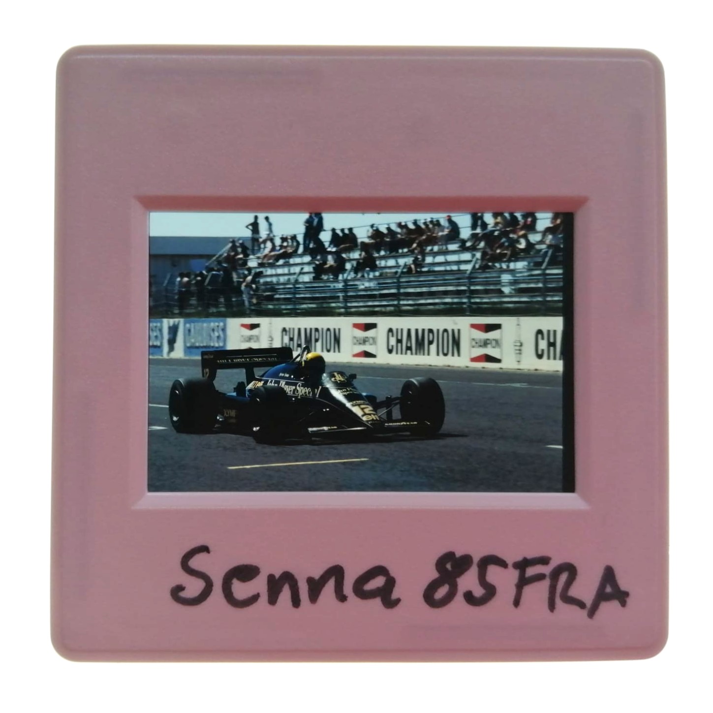 altes Presse Foto DIA, Ayrton Senna, John Player Lotus Renault, Formel 1 Grand Prix Frankreich Le Castellet Paul Ricard 1985, 5x5cm