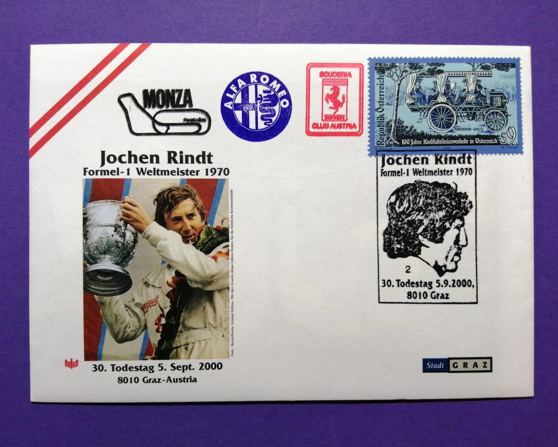 altes Briefkuvert Briefumschlag 12x16cm, Jochen Rindt, Formel 1 Grand Prix Weltmeister, Gold Leaf Lotus, Schilling Briefmarke, Stempeln Alfa-Romeo, Ferrari, Monza