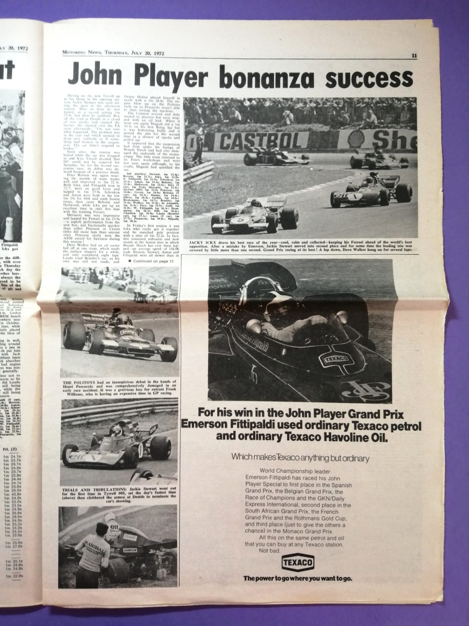 RARITÄT! alte Zeitung, Motoring News, 20 Juli 1972, Emerson Fittipaldi, John Player Lotus, Sieger Formel 1 Brand Hatch, Cevert,.. Englisch 