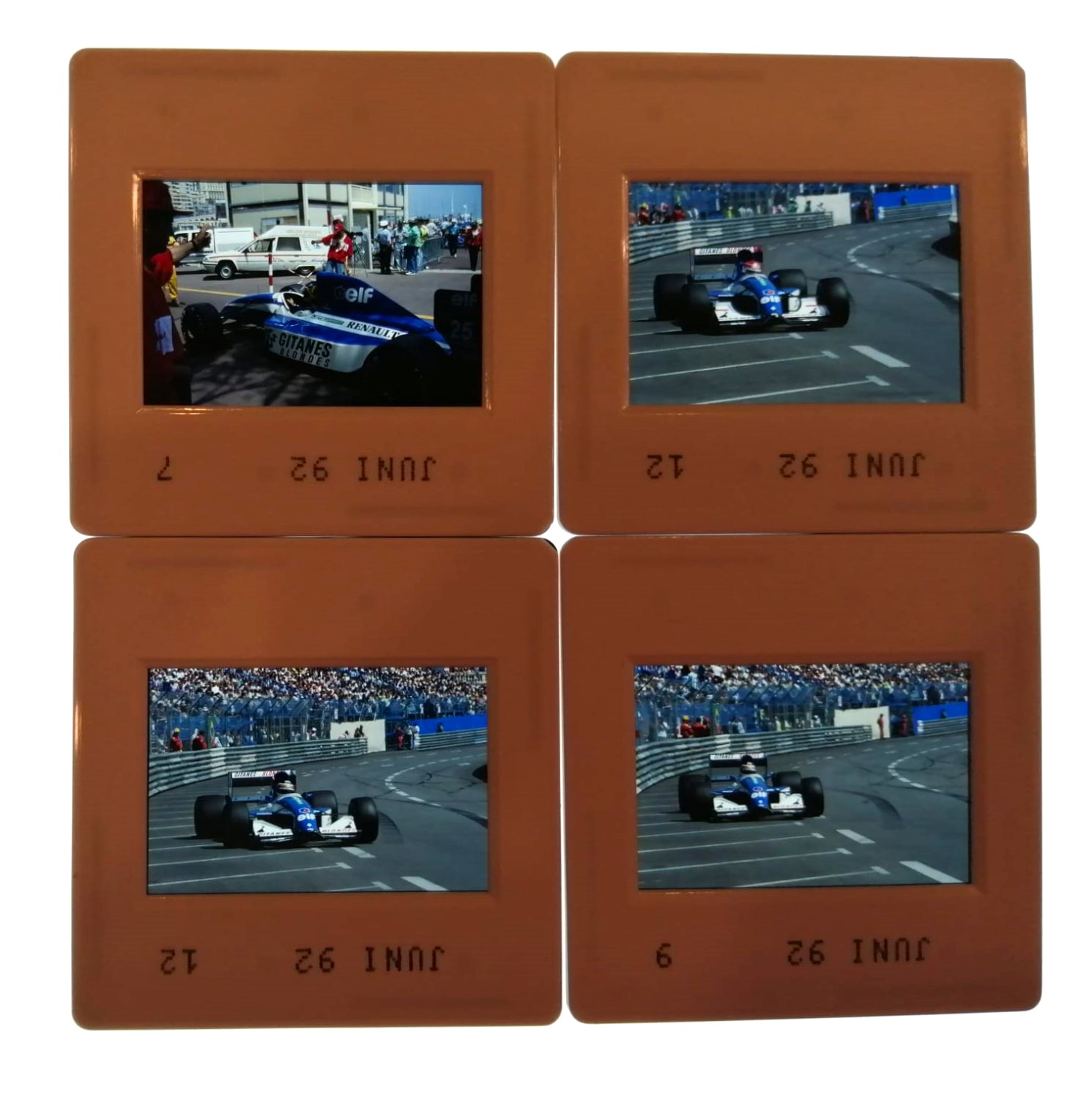 4 Stück alte Presse Foto DIAs, Eric Comas, Thierry Boutsen, Ligier Renault, Formel 1 Grand Prix Monaco 1992, 5x5cm