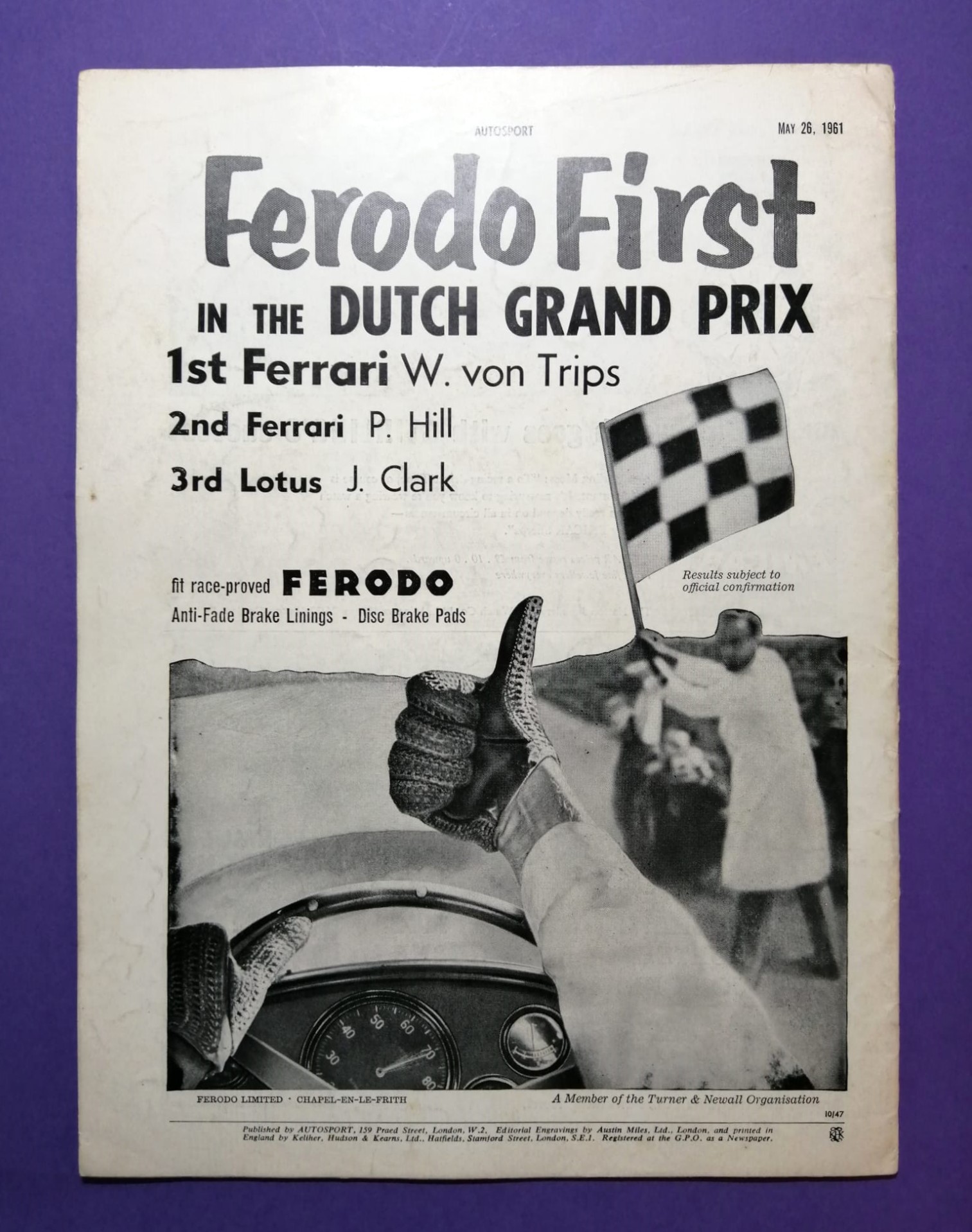 alte Zeitschrift Magazin Heft Autosport, 26. Mai 1961, Wolfgang Graf Berghe von Trips, Ferrari, Formel 1 Niederlande Zandvoort,.. Englisch!