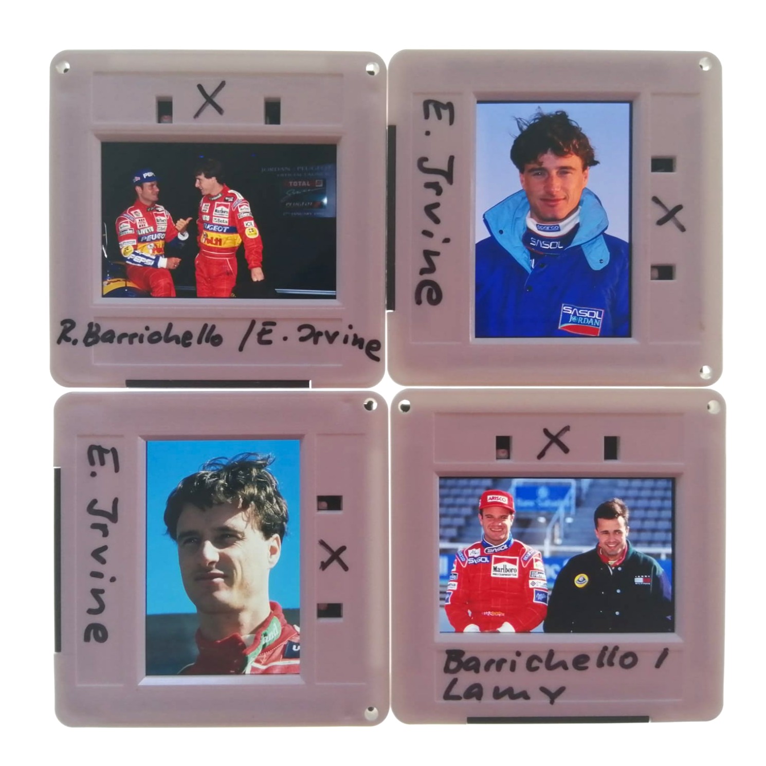 4 Stück alte Presse Foto DIAs, Eddie Irvine, Rubens Barrichello, Pedro Lamy, Jordan, Formel 1 Grand Prix 1994, 1994, 5x5cm