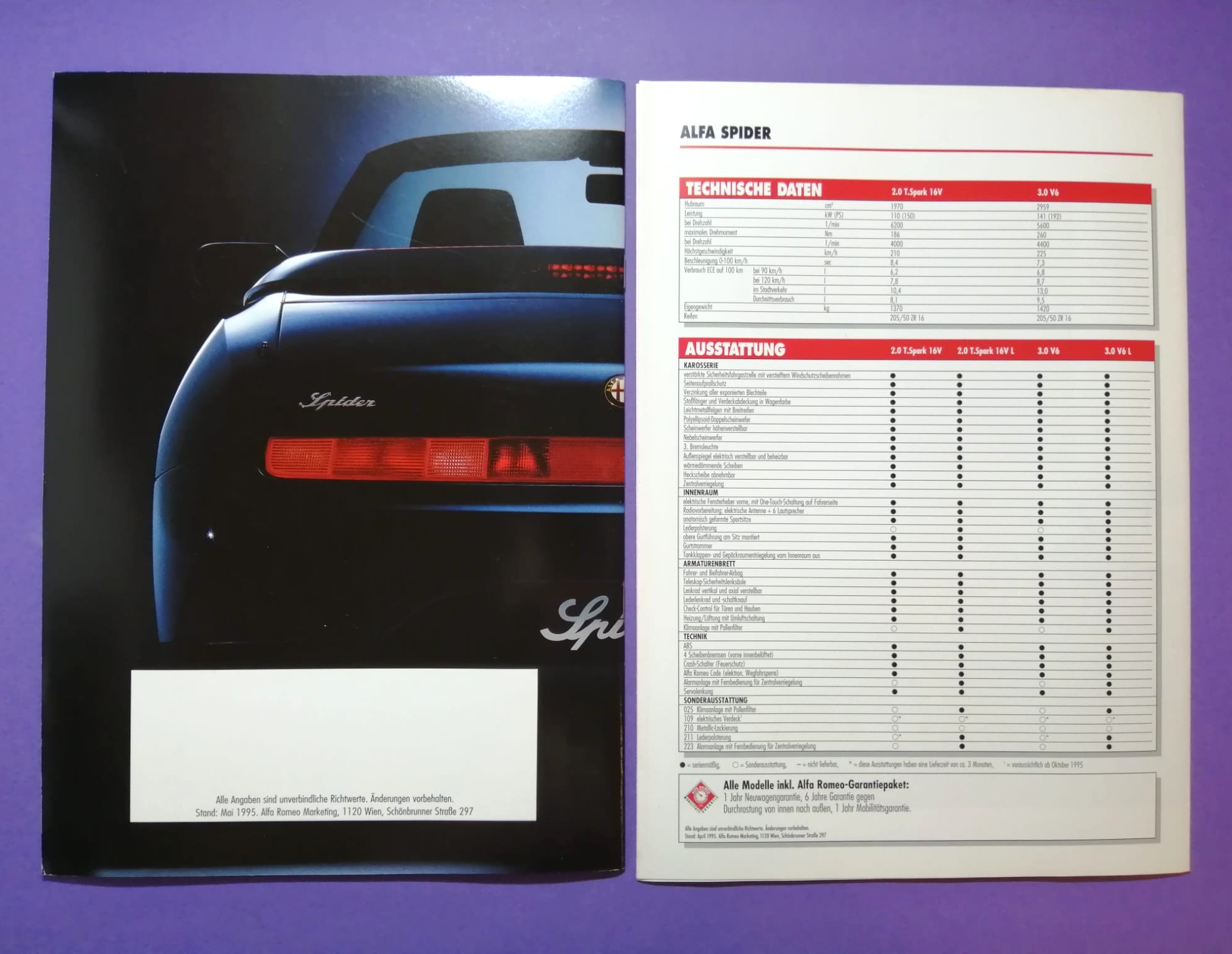 altes Original Autoprospekt, Alfa-Romeo Spider, Cabrio, Coupe, V6.., aus dem Jahr 1995, 2 teilig