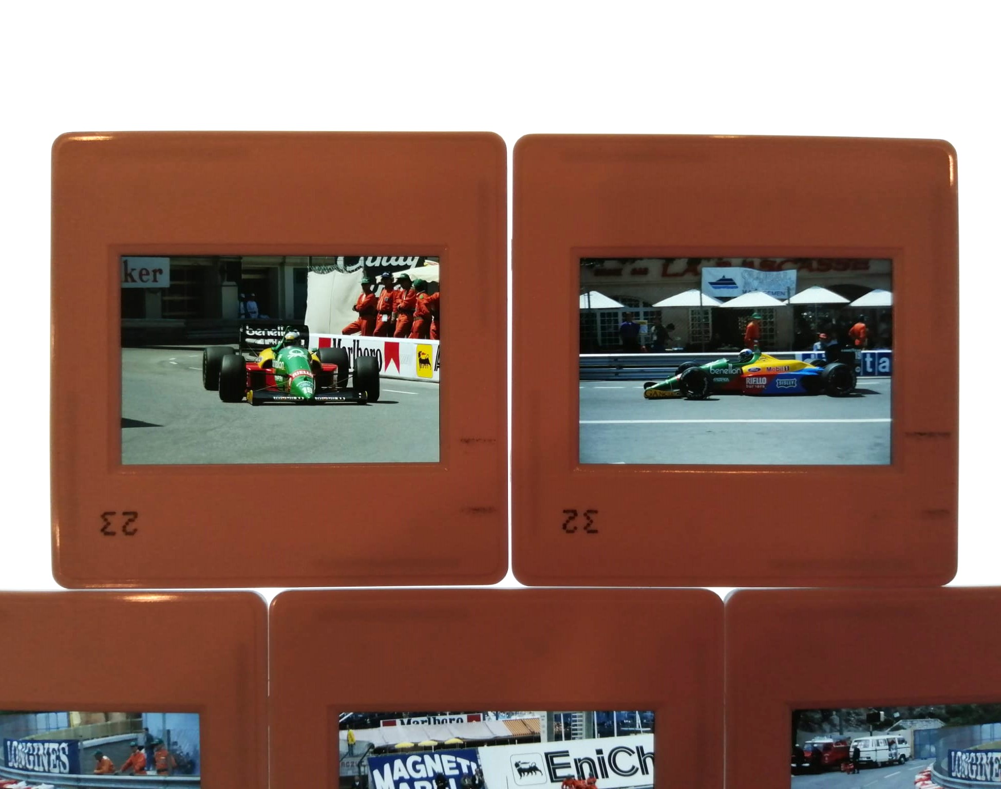8 Stück alte Presse Foto DIAs, Alessandro Nannini, Thierry Boutsen, Benetton Ford, Formel 1 Grand Prix Monaco 1988, 5x5cm