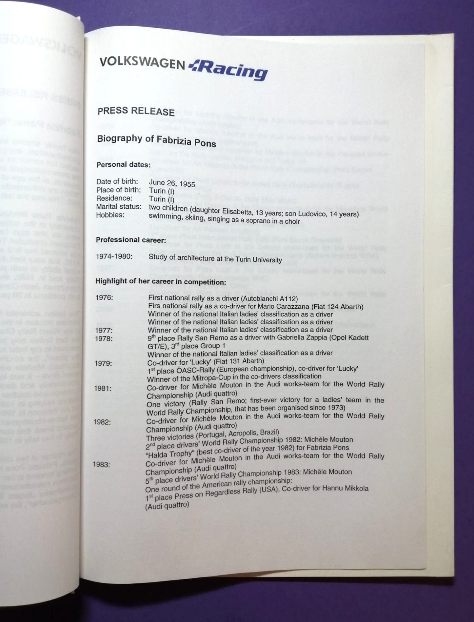 alte Pressemappe, Volkswagen Racing, Polo Super 1600 Rallye 2002, Kleinschmidt, Depping, Pons, Gottschalk Englisch!  