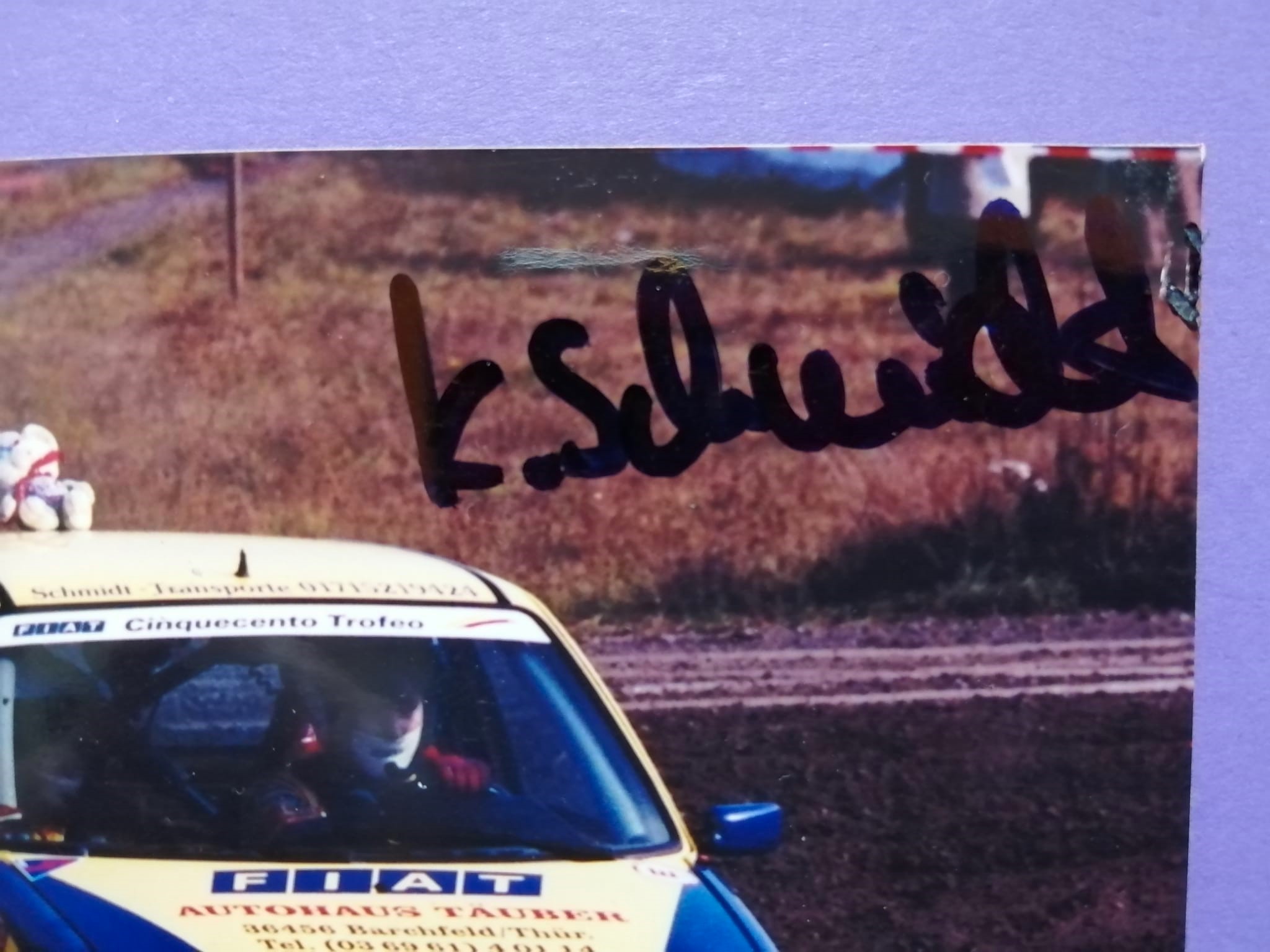 2 Original Autogramme, Michael, Kerstin Schmidt, Fiat Cinquecento, Semperit Rallye 1998, 99 altes Foto 9x13cm