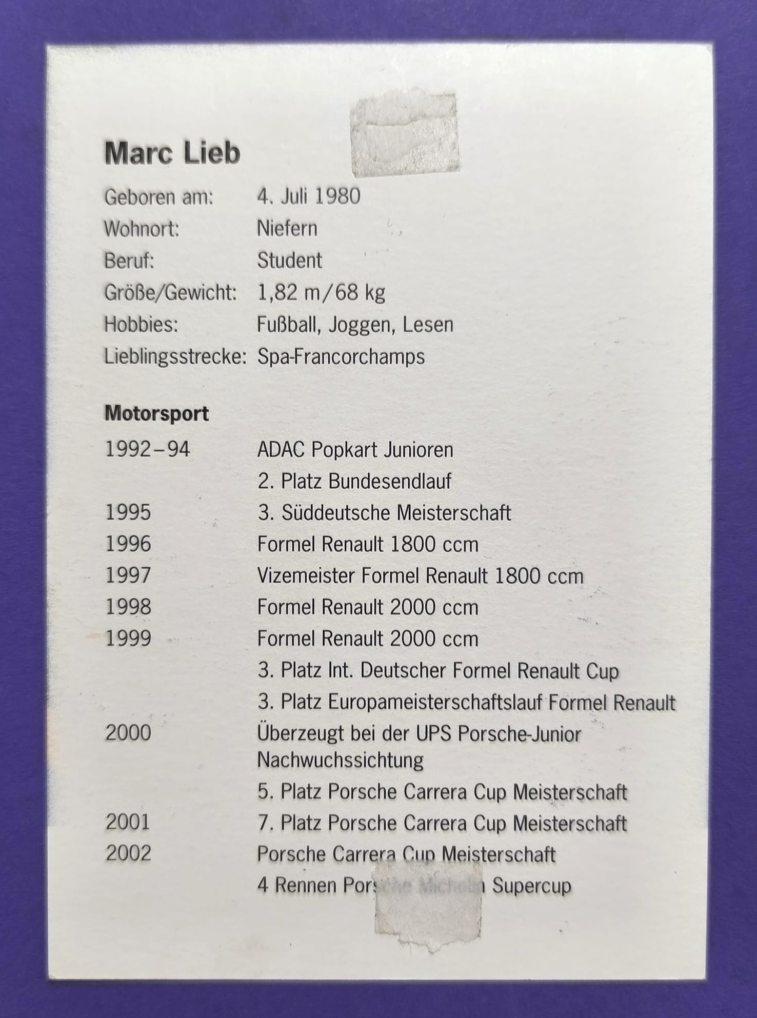 Original Autogramm, Marc Lieb, Porsche 911 Supercup 2002, Junior Team, alte Karte 11x15cm