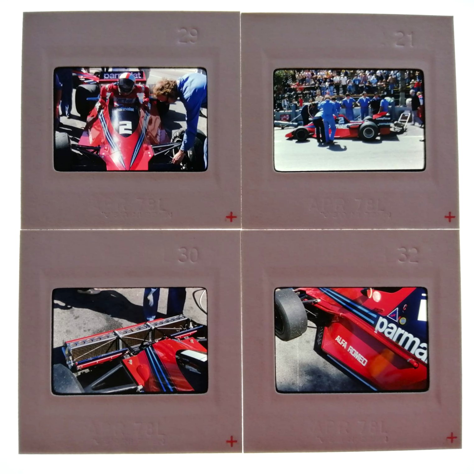 4 Stück alte Presse Foto DIAs, John Watson, Brabham Alfa-Romeo "Staubsauger", Formel 1 Grand Prix USA Long Beach 1978, 5x5cm