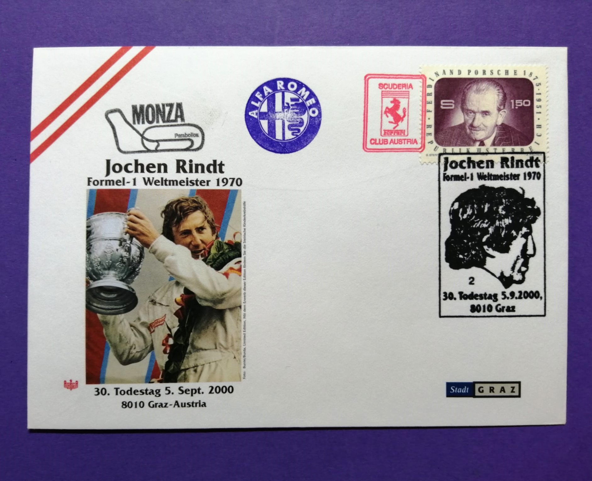altes Briefkuvert Briefumschlag 12x16cm, Jochen Rindt, Formel 1 Grand Prix Weltmeister, Gold Leaf Lotus, Schilling Briefmarke Ferdinand Porsche, Stempeln Alfa-Romeo, Ferrari, Monza