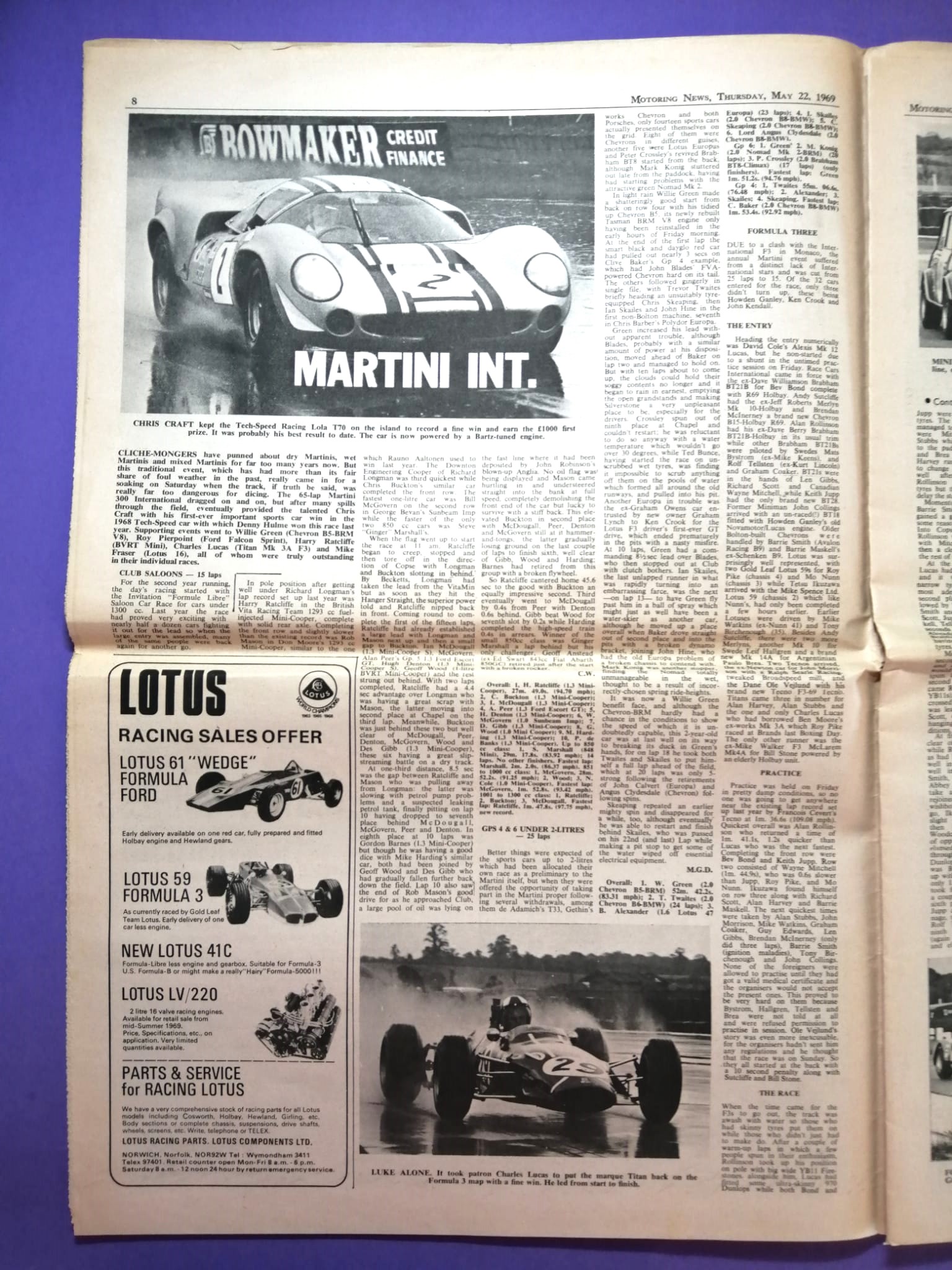 RARITÄT! alte Zeitung, Motoring News, 22. Mai 1969, G. Hill, Lotus, Sieger Formel 1 Monaco, R. Peterson Formel 3, Mini Cooper, Mikkola, Rallye,.. Englisch