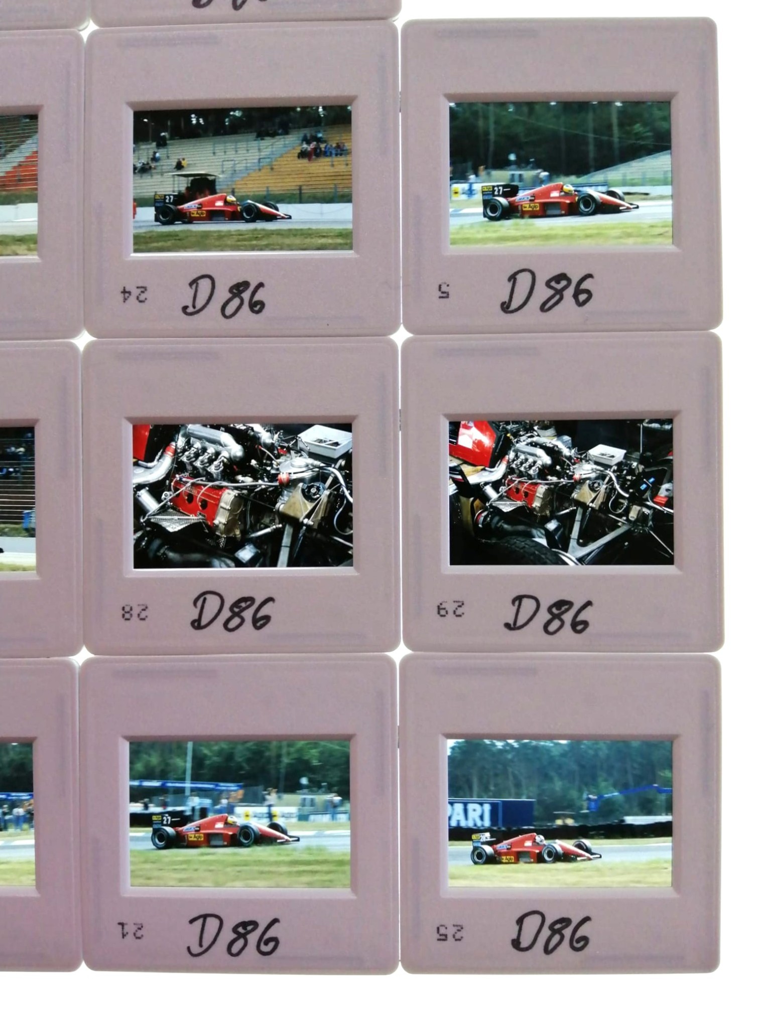 14 Stück alte Presse Foto DIAs, Michele Alboreto, Stefan Johansson, Ferrari, Formel 1 Grand Prix Deutschland Hockenheimring 1986, 5x5cm
