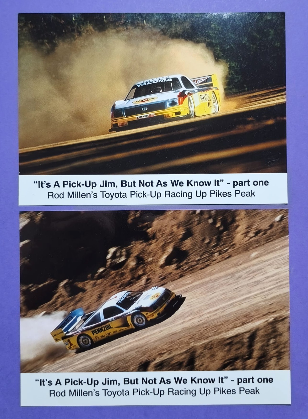 2 Stück alte Pressefotos Rod Millen´s Toyota, Pikes Peak Bergrennen USA 90er Jahre, 13x18cm 