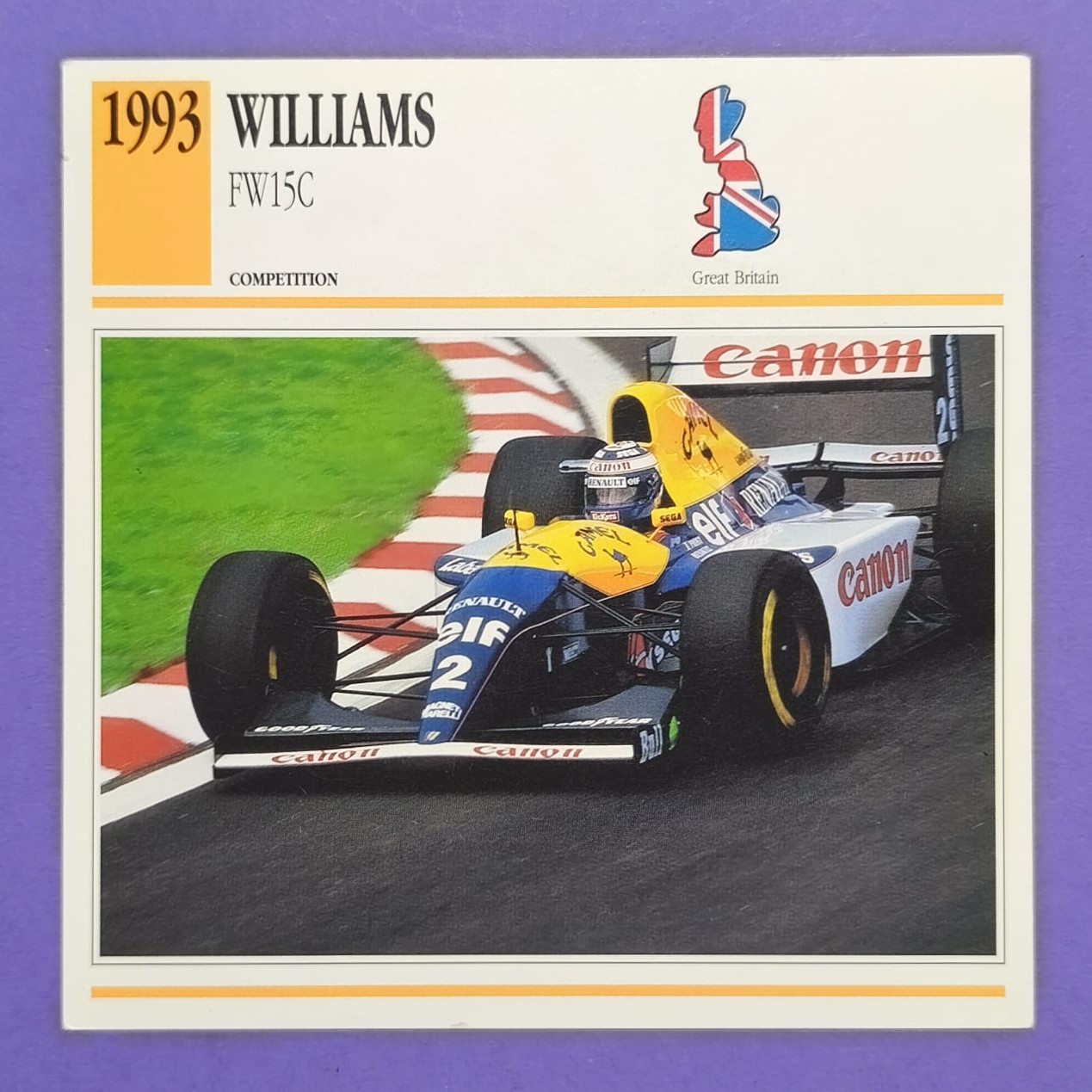 RARITÄT! alte Sammelkarte, Alain Prost, Williams Renault FW15C, Formel 1 Grand Prix Weltmeister 1993, 14x14cm