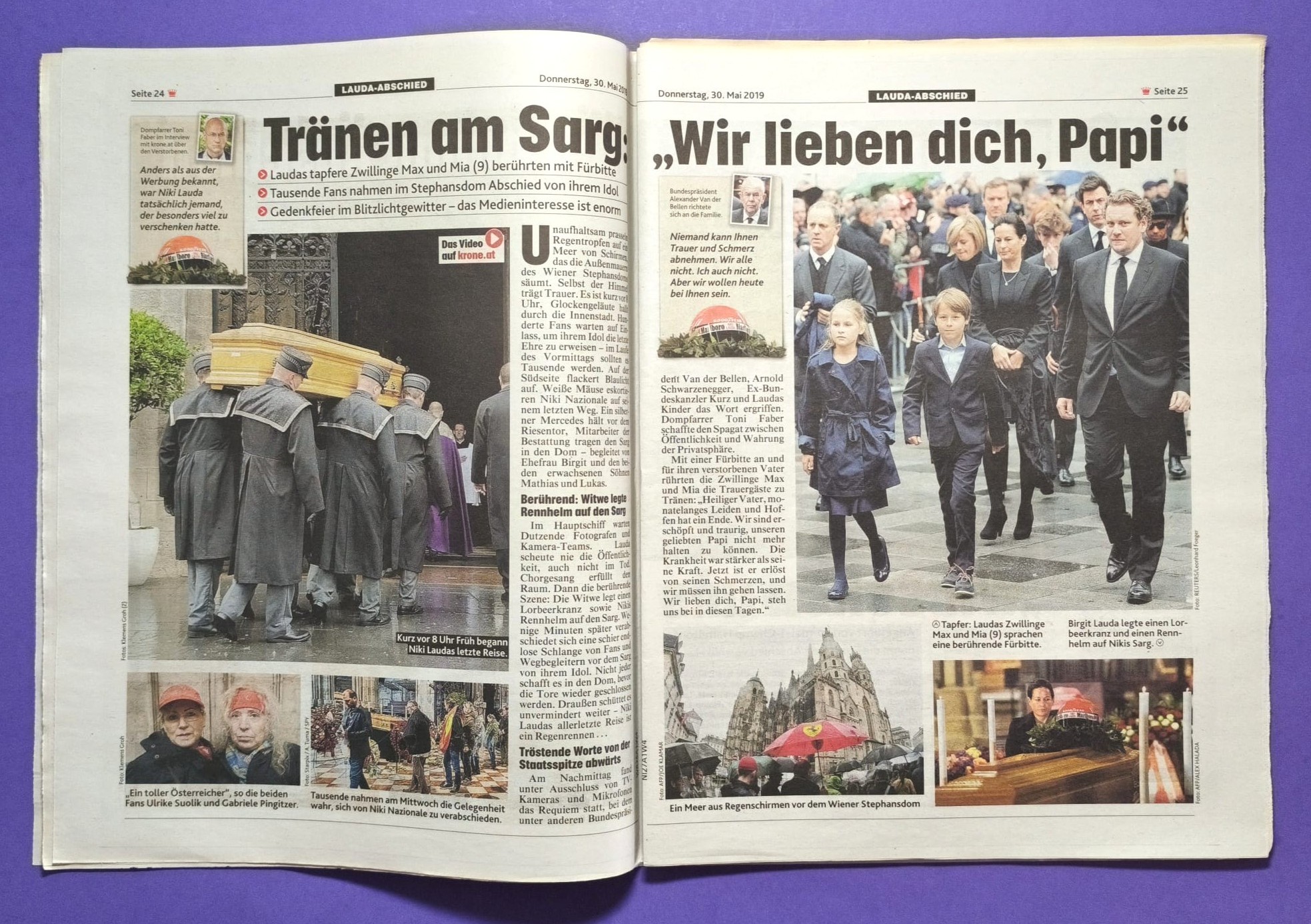 2 Stück Tageszeitungen, Krone, Österreich, Tod Niki Lauda, Formel 1 Grand Prix Weltmeister, 22. + 30. Mai 2019